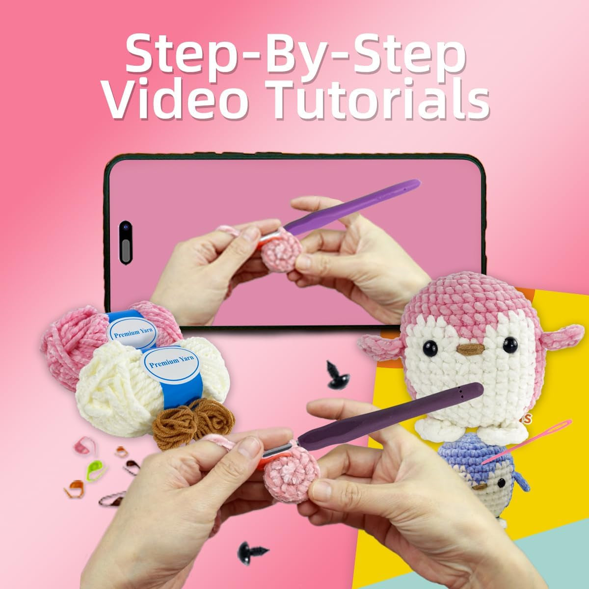 Crochet Kit for Beginners Adults - Knitting Kit with Step-By-Step Video Tutorial - Perfect for New Craft Lovers - Creative DIY Handicraft Gift for Kids Women Men - Pink Penguin