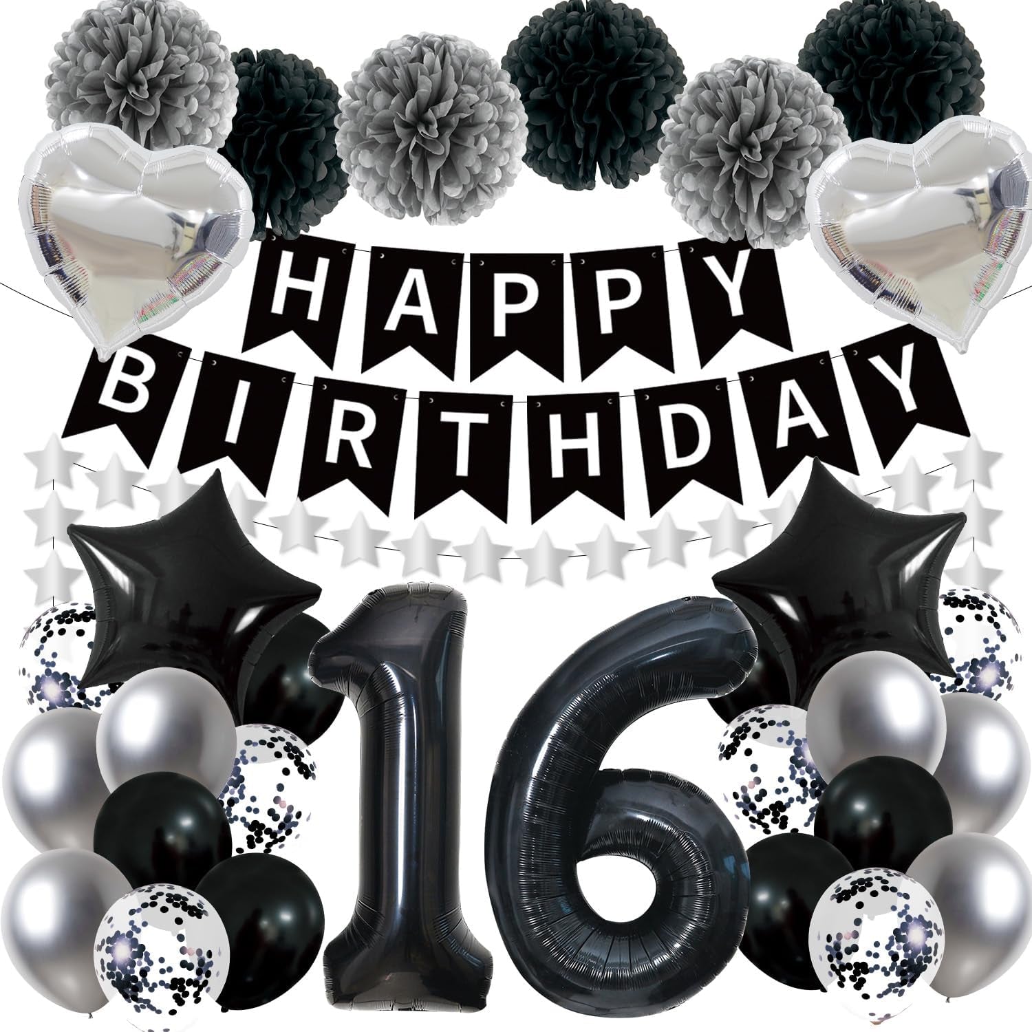 16Th Birthday Decorations Boys Girls - 45PCS Black Silver 16Th Bday Balloons Decorations Set Happy Birthday Banner and Foil Star Balloons Supplies
