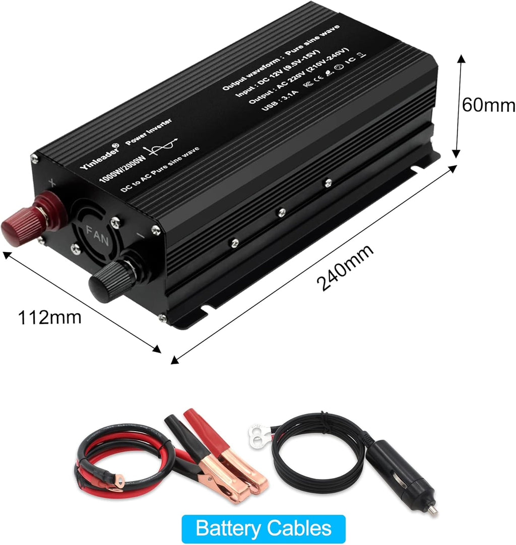 Pure Sine Wave 2000W Power Inverter DC 12V to 240V AC 1 UK Socket 2 USB Ports with LED Dispaly Cigarette Converter