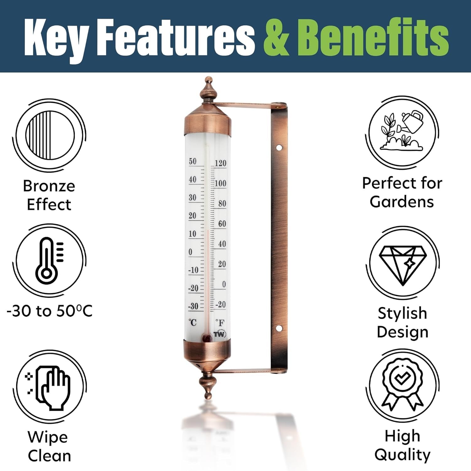 Outdoor Thermometer with Bronze Effect Design - Stylish Garden Thermometer Outdoor Suitable for outside Temperature Gauge Wall Greenhouse Garage Easy to Hang