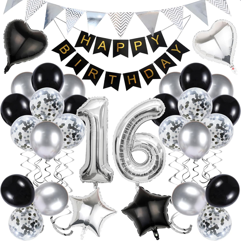 16Th Birthday Decorations for Boys Black and Silver Birthday Decorations Include Pennants, Banners, Love Balloon, Star Balloon, Number Foil Balloons, Latex Balloons, Ribbon, Suitable for 16Th Party