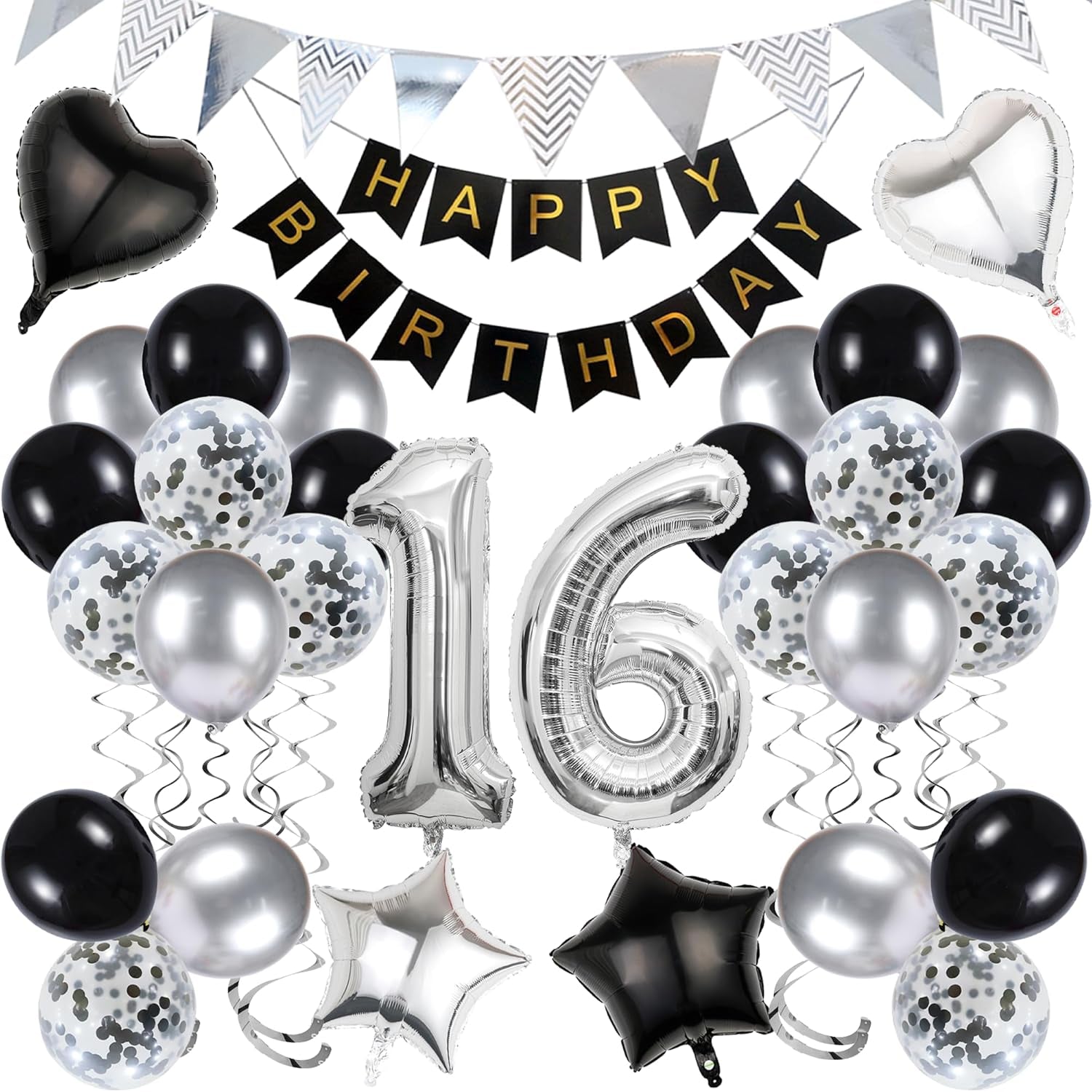 16Th Birthday Decorations for Boys Black and Silver Birthday Decorations Include Pennants, Banners, Love Balloon, Star Balloon, Number Foil Balloons, Latex Balloons, Ribbon, Suitable for 16Th Party