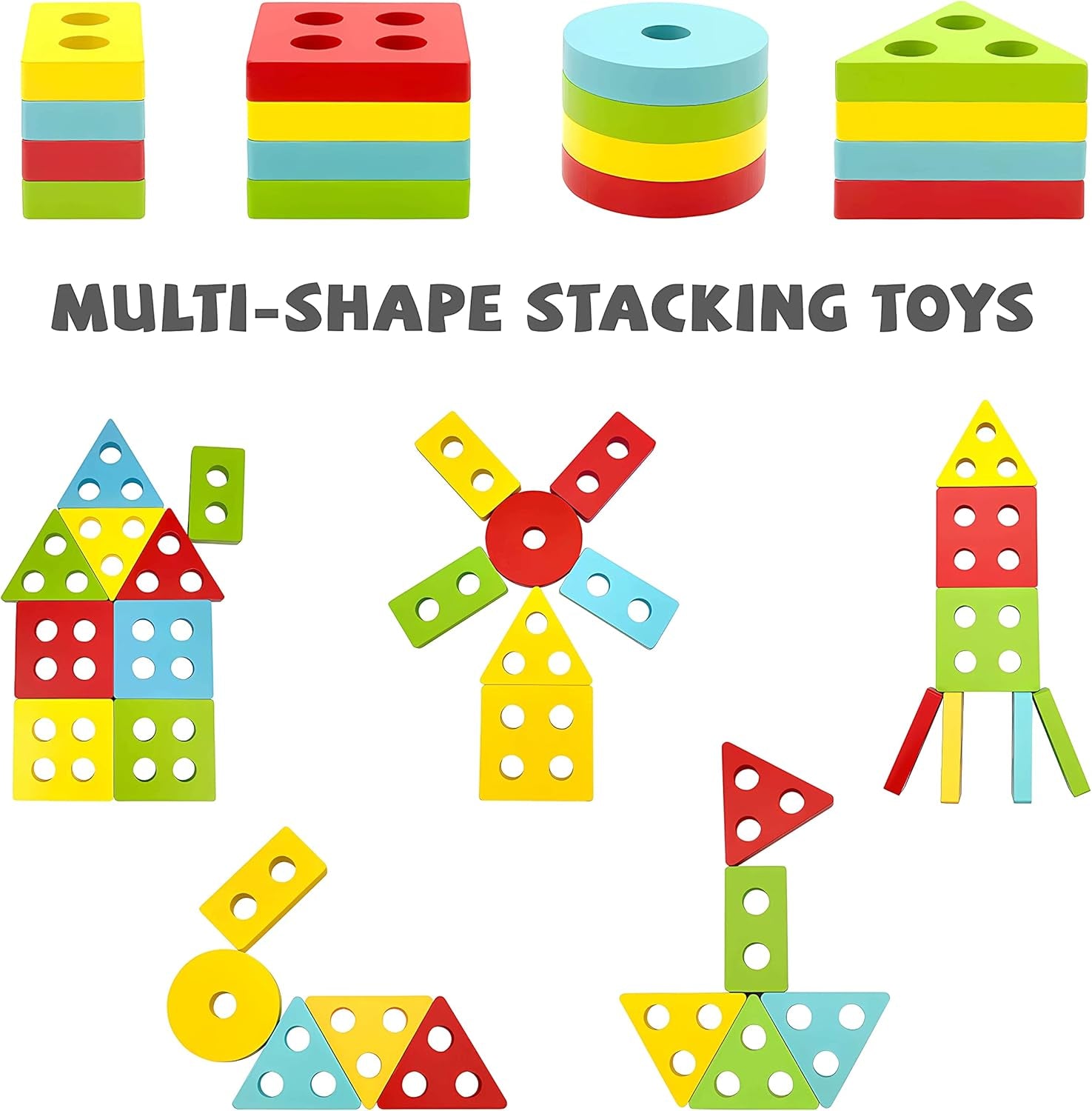 Montessori Toys for 1 2 3 Year Old Boys Girls Gifts, Wooden Sorting and Stacking Toys for Toddlers 1-3, Educational Learning Toys for Preschool Kids, Color Recognition Shape Sorter Puzzles for Baby