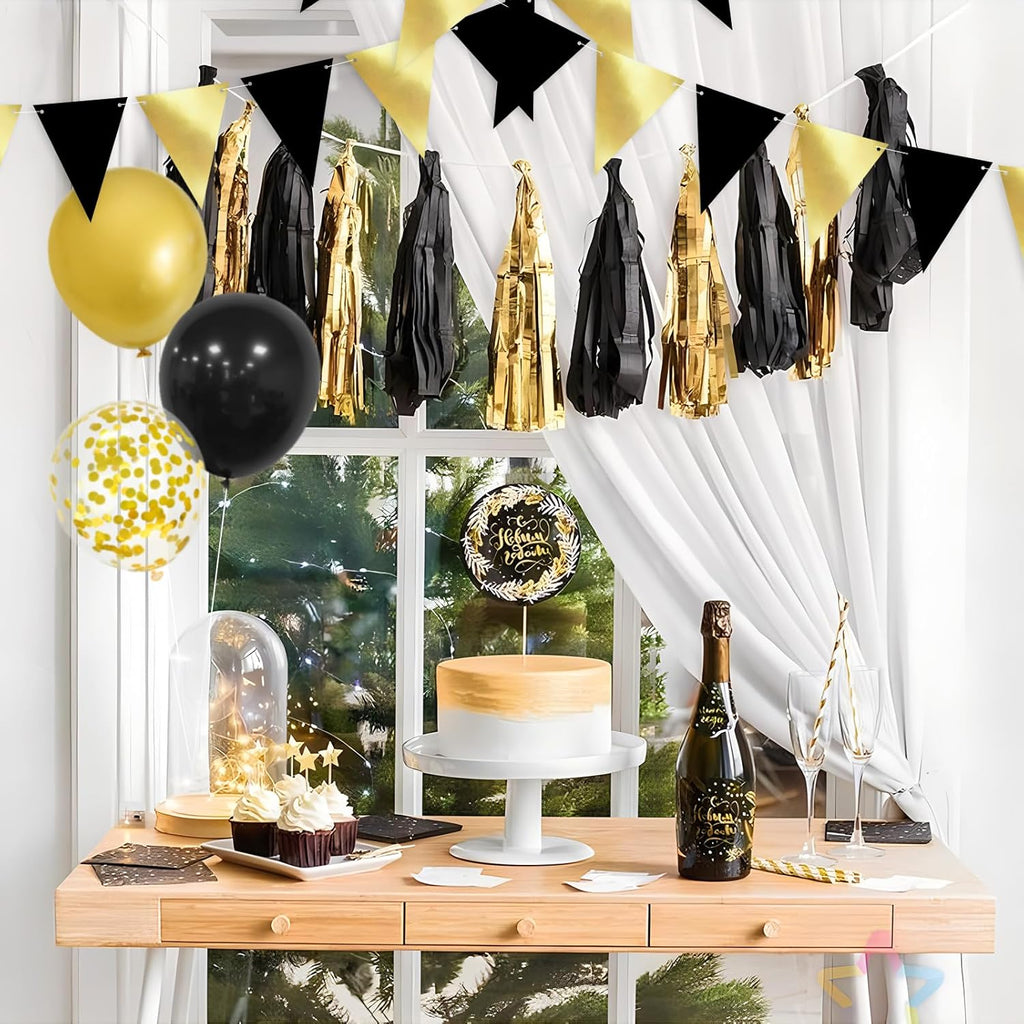 Black Gold Birthday Decoration, 12Inch Black Gold Happy Birthday Balloons with Happy Birthday Banner and Bunting Confetti Balloons, Black Party Decorations for Men Boys
