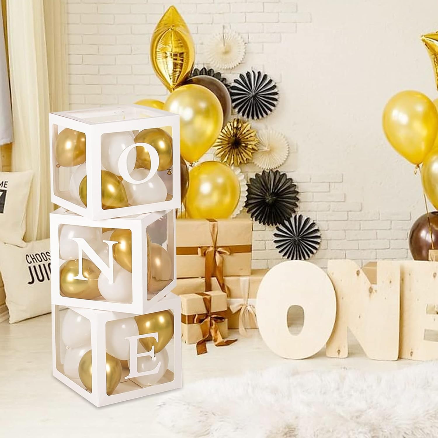1St Birthday Party Decoration Boxes for Boys & Girls, 3 Pcs White Balloon Boxes with ONE Letter for Baby Shower, Balloon Blocks for First Birthday Decorations