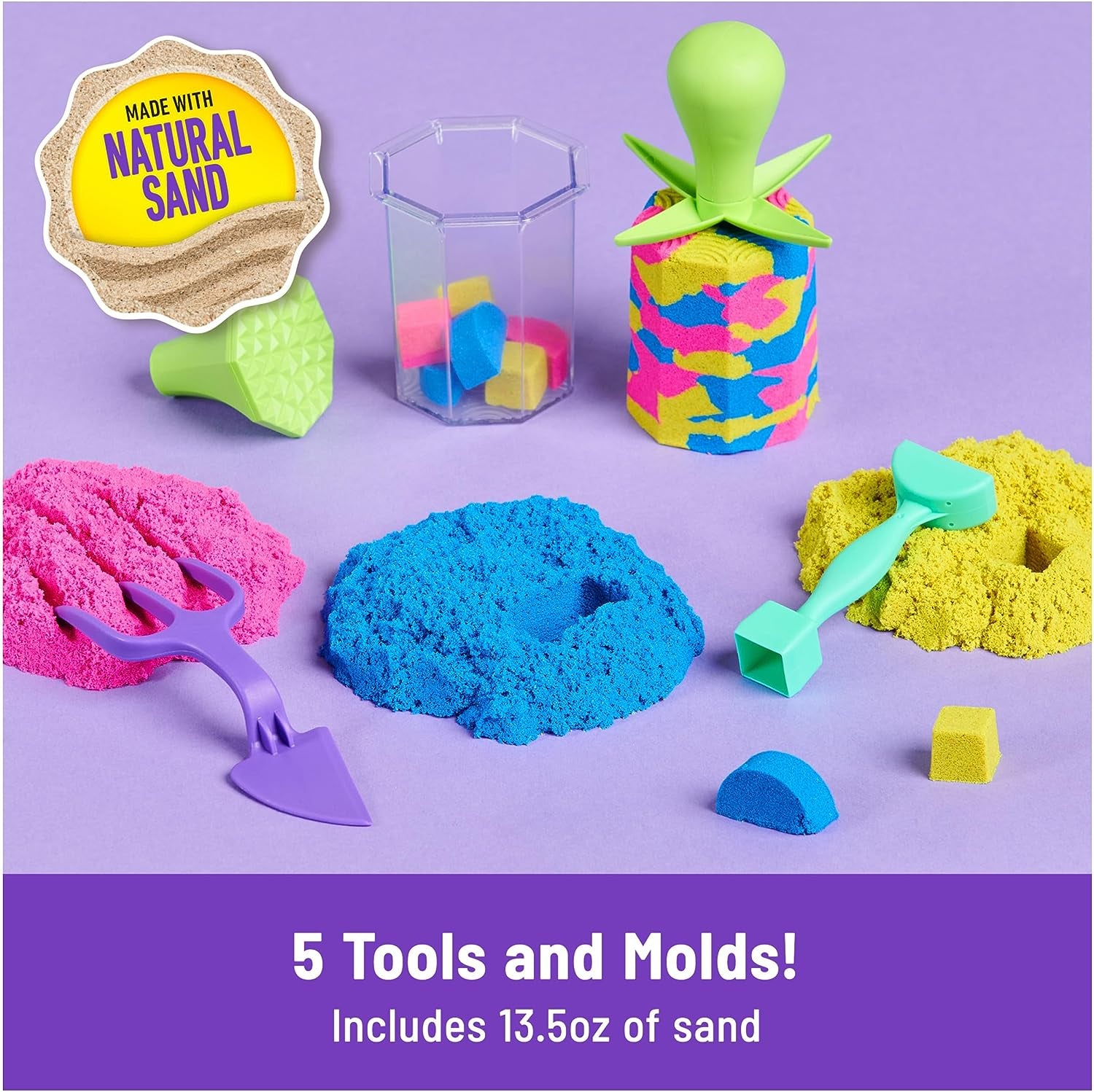 , Squish N’ Create Playset with 13.5Oz Blue, Yellow & Pink Play Sand, 5 Tools, Sensory Toys for Kids Ages 3 and Up