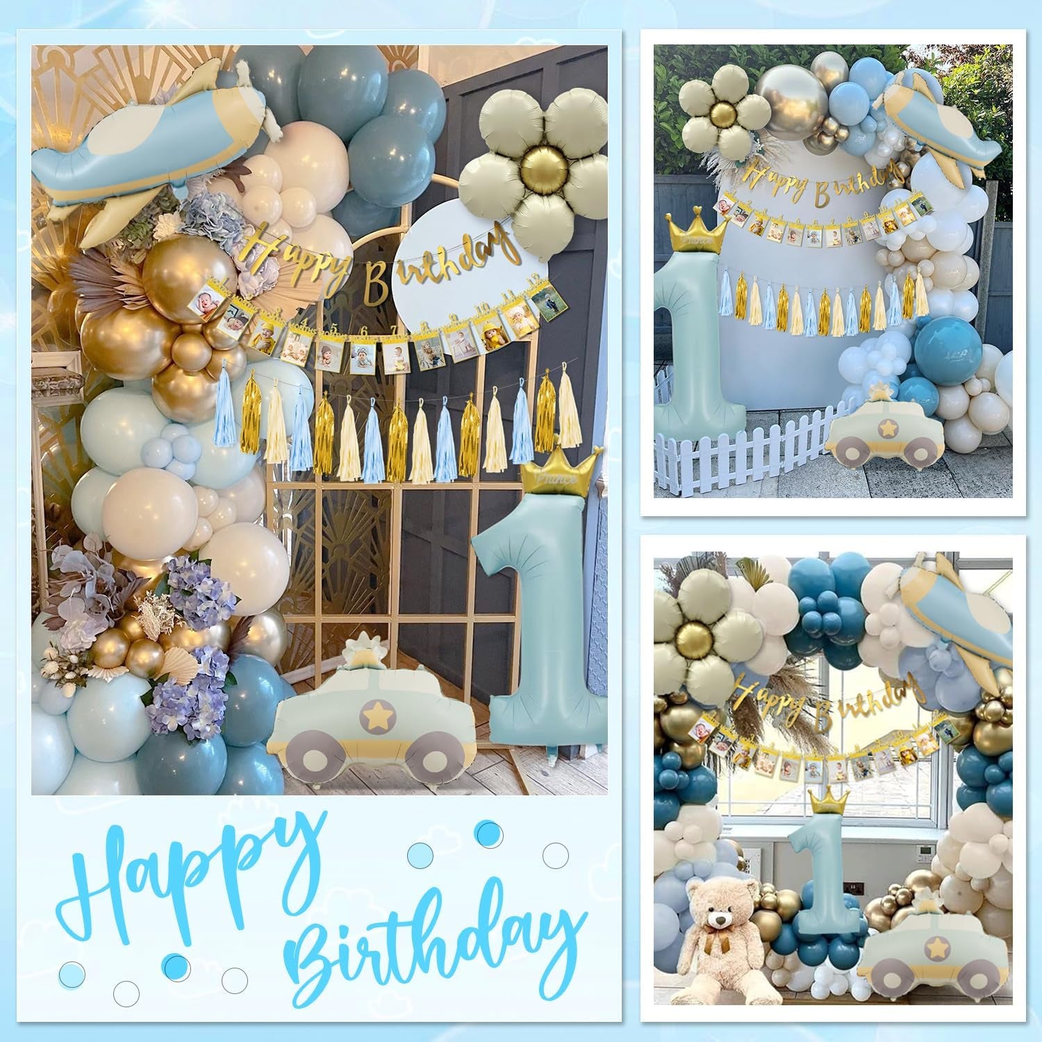 1St Birthday Decorations for Boys with Photo Banner, Blue and Gold Balloons, Number 1 Cake Topper, and Car Balloons