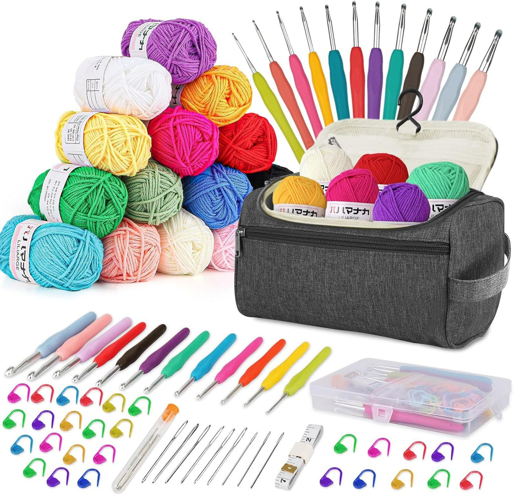 Crochet Kits for Beginners Adults Crochet Kit 15Pcsx25G Crochet Yarns Ergonomic Metal Crochet Hooks 2Mm-8Mm Knitting Accessories Tools Storage Case Needles Crochet Starter Kit-Grey