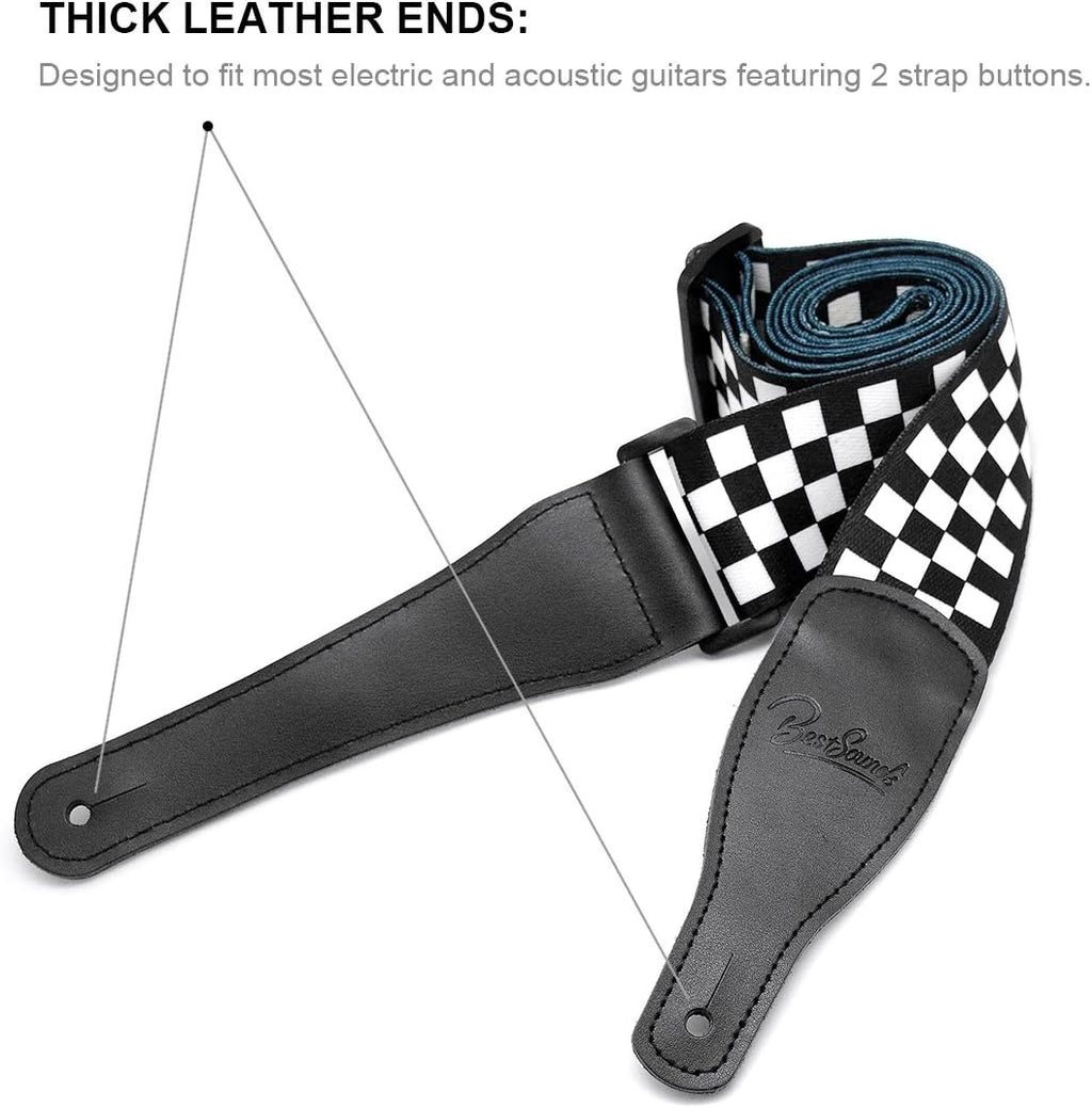Checkerboard Guitar Strap & Leather Ends Guitar Shoulder Strap, Suitable for Bass, Electric & Acoustic Guitars (Black and White Checkered)