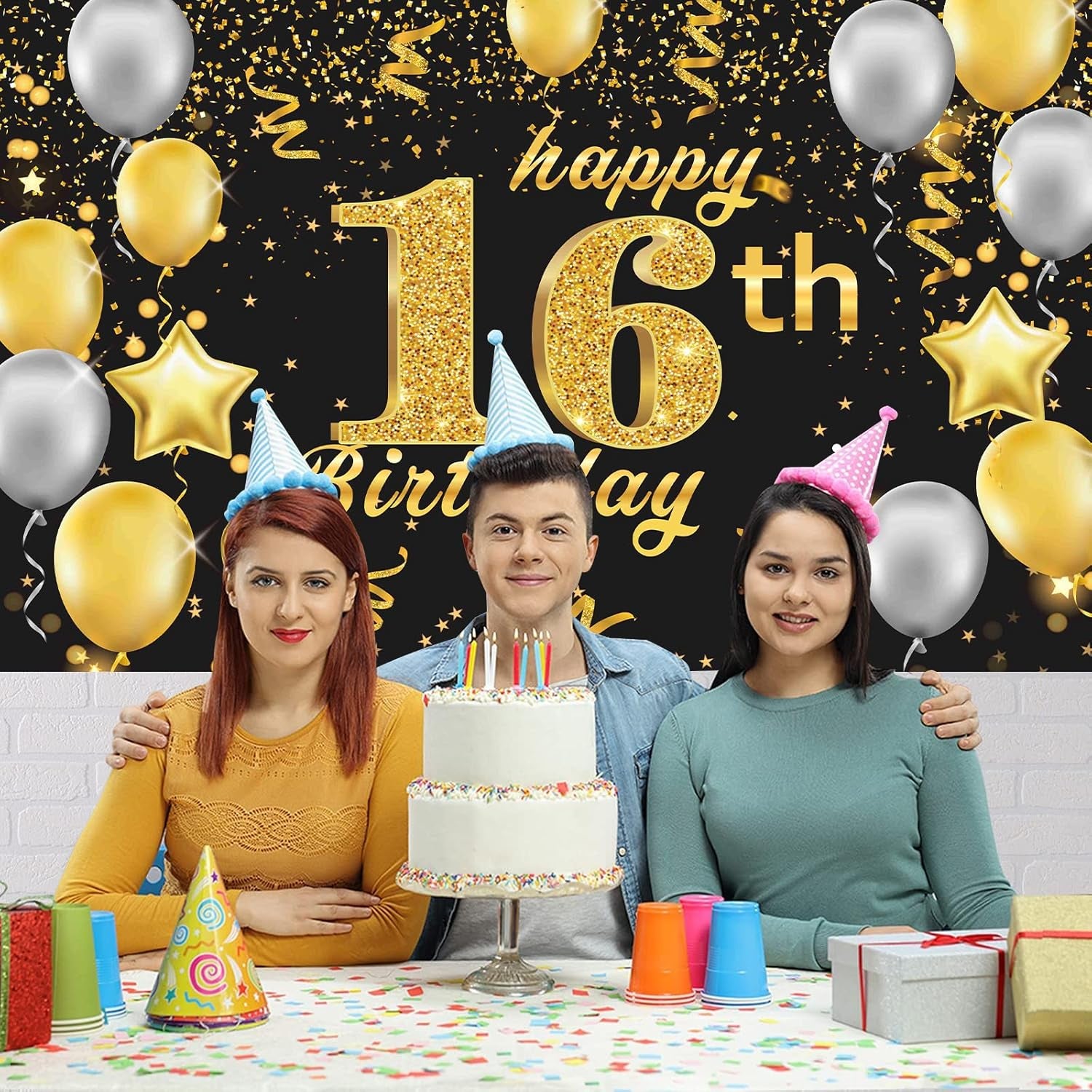 Happy 16Th Birthday Banner,16Th Birthday Decorations Black Gold,Party Backdrop Banner Fabric Banner.For Men Women 16Thbirthday Photo Backdrop,Photography Background,Outdoor Garden Table Wall Decor