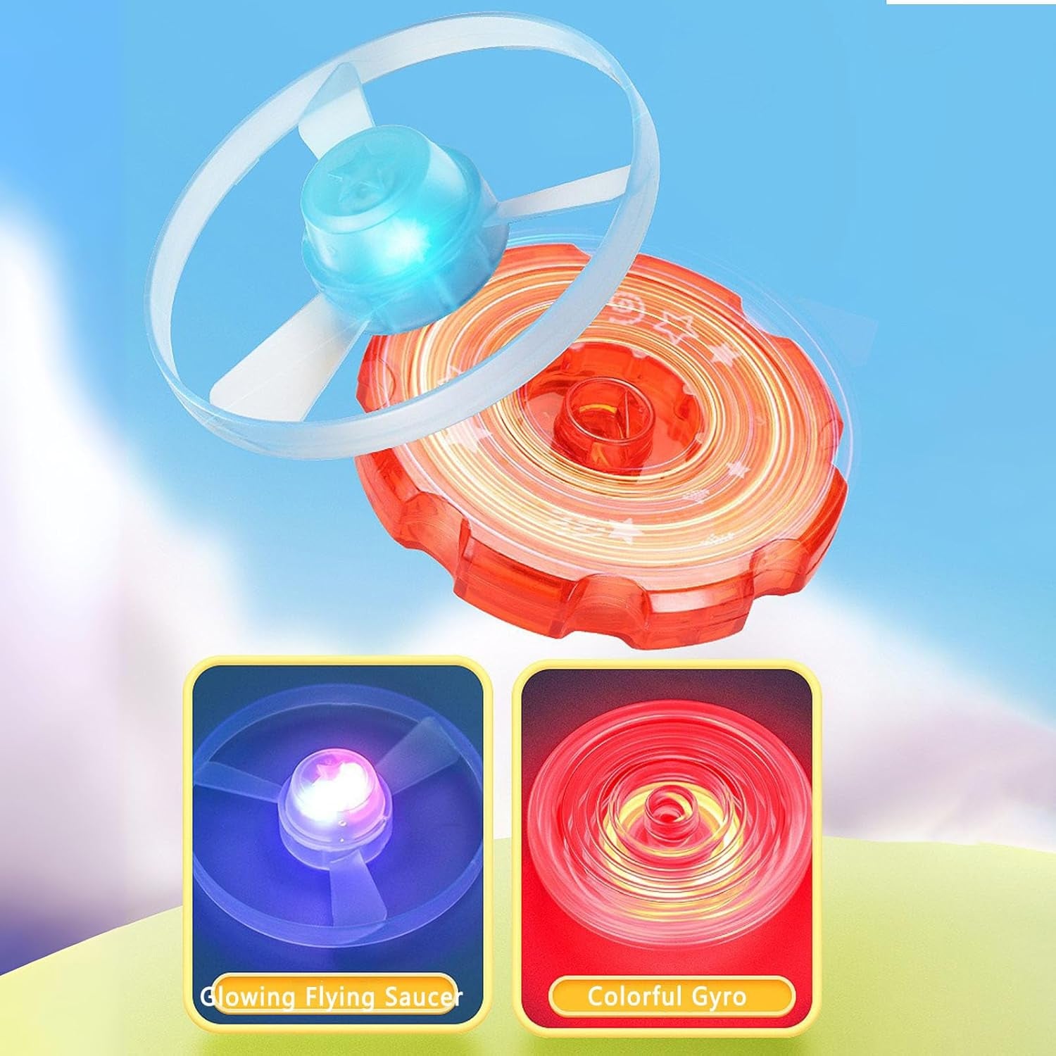 Flying Disc Launcher Toy,Fun and Easy-To-Use Outdoor Toys outside Yard Games Kids 3-8,1 Flying Saucer & 6 Discs and Gyroscope(2 Glow in the Dark)，Launch up to 32 Ft (Pink)