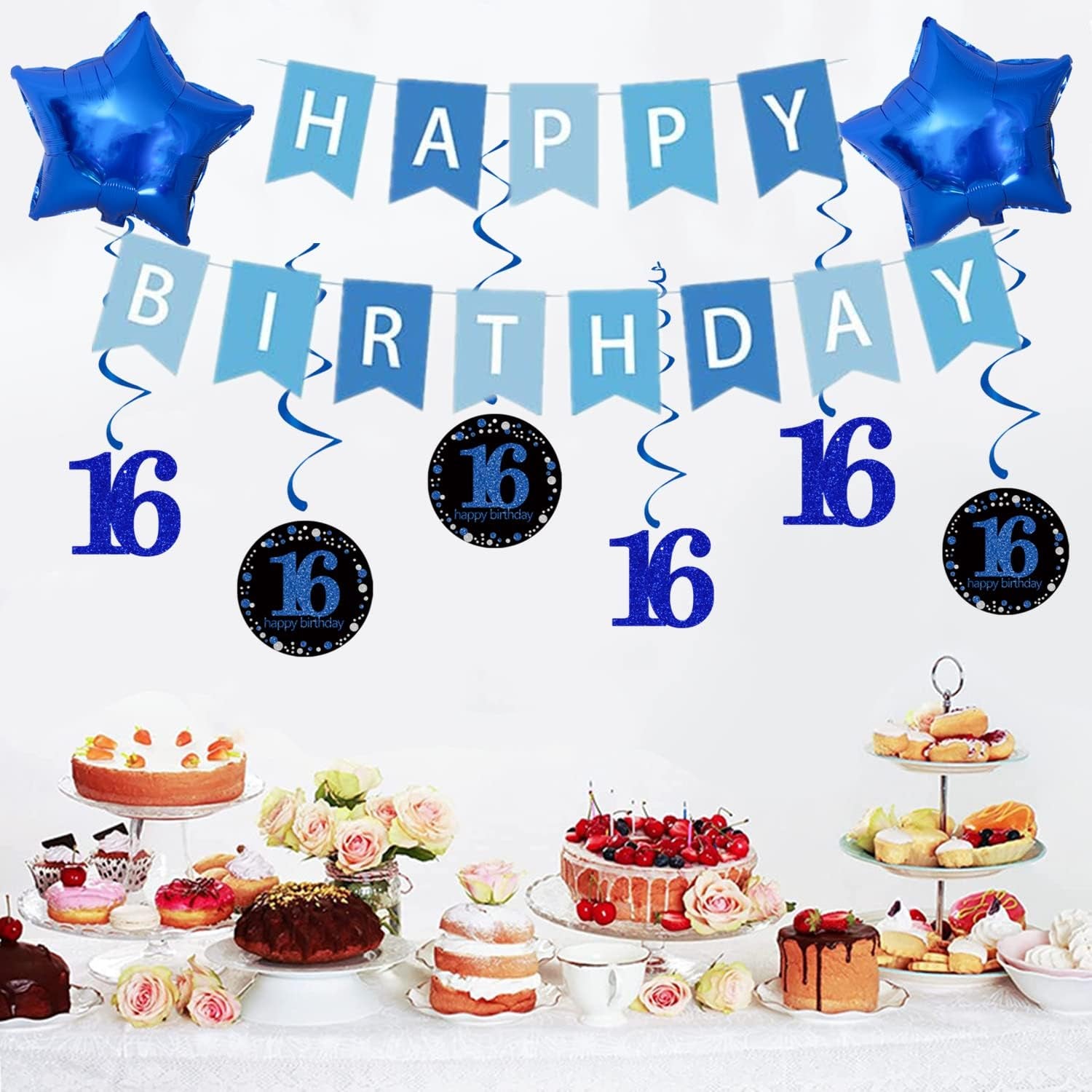 16Th Birthday Decorations for Boys Girls,32In Number 16 Birthday Foil Balloons with Swirl Decorations Happy Birthday Banner and Star Foil Balloons 10PCS Confetii and Latex Balloons Blue