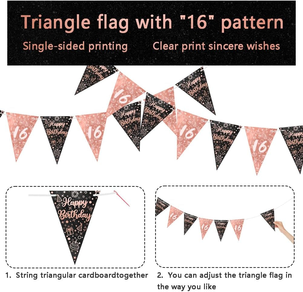 Girls 16Th Birthday Decorations Black Rose Gold Sweet Sixteen Decorations 16 Pack Girls Happy 16Th Birthday Banner Bunting Kit by