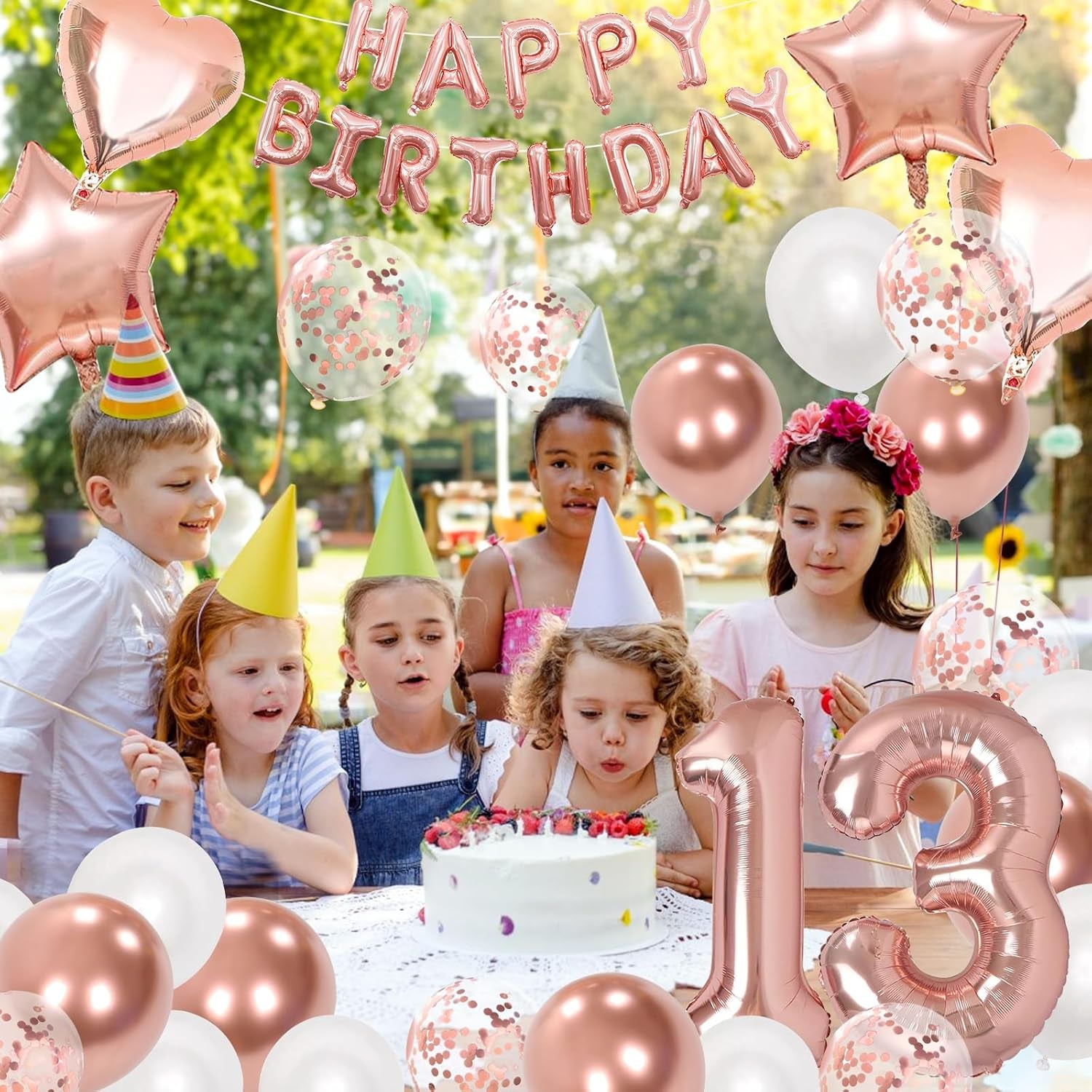 13Th Birthday Decorations for Girls, Rose Gold 13Th Birthday Decorations, Rose Gold 32 Inch Number 13 Foil Balloon with Banner, Star Confetti Balloon for 13 Party Deko