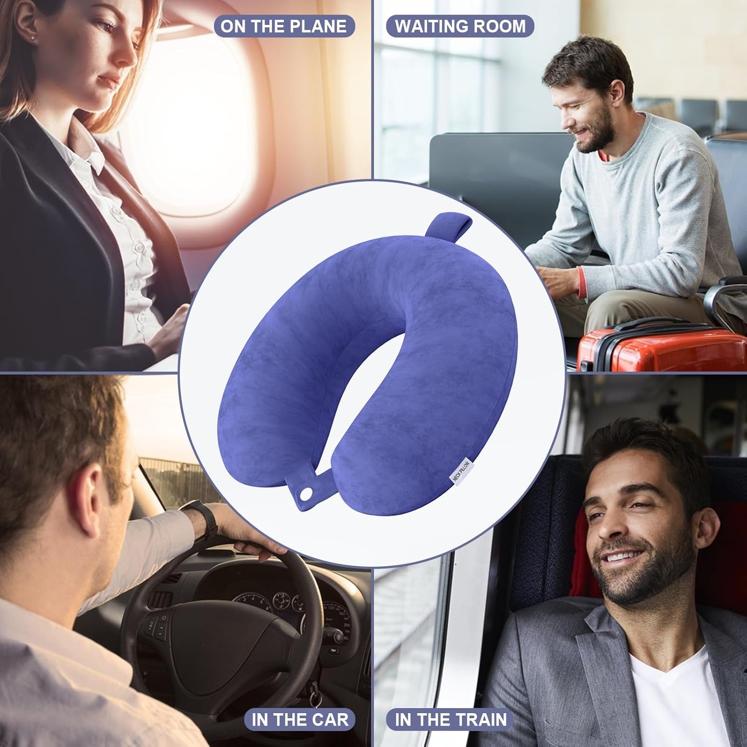 Travel Pillow Memory Foam Neck Pillow Lightweight Quick Pack for Airplane Train Car Travel Camping Neck Support Pillow (Blue)