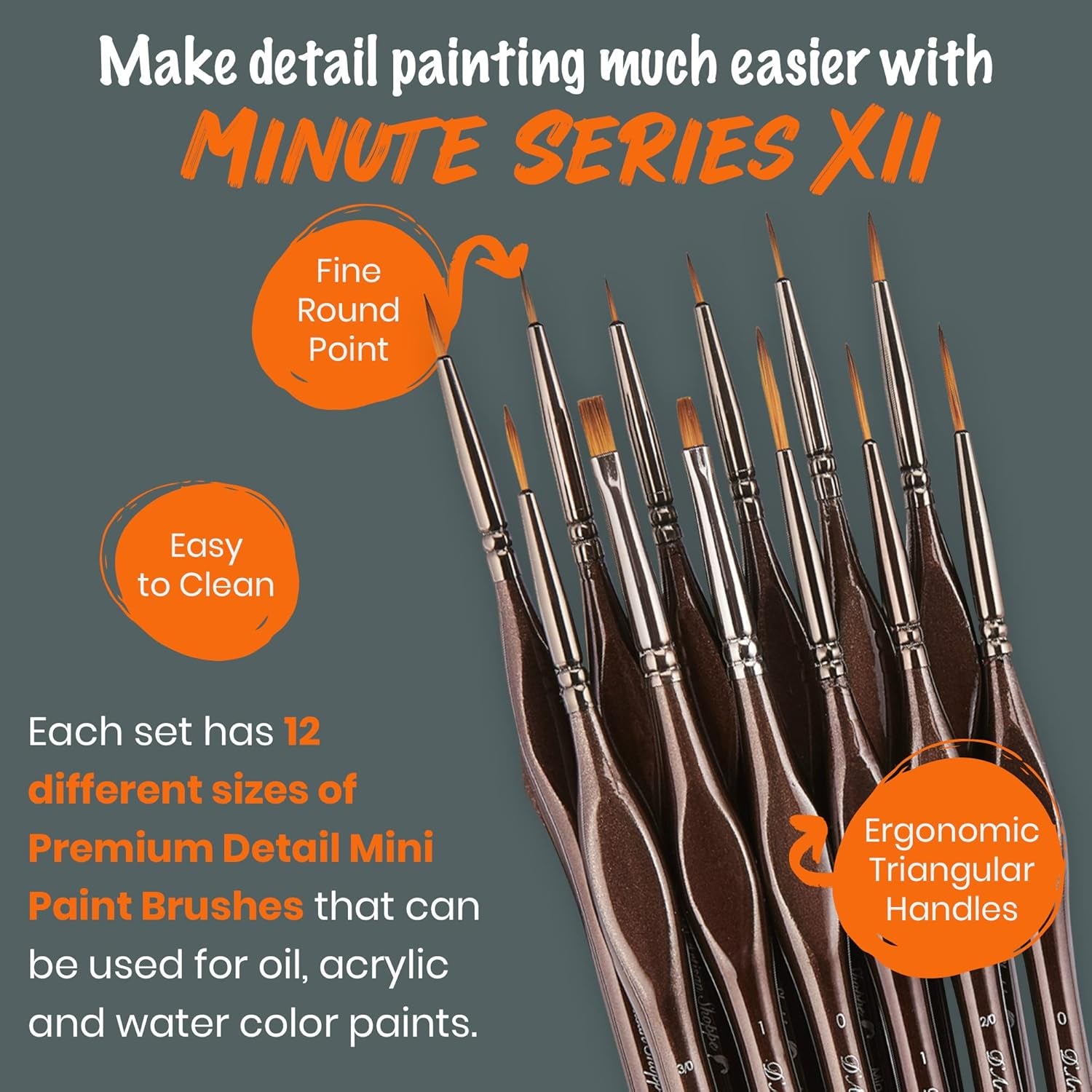 Miniature Paint Brushes Art. Minute Series XII 12Pc Fine Detail Paint Brush Set for Model Miniature Painting Kit. Fine Point Small Artist Brushes for Acrylic Painting Oil Watercolor Warhammer 40K