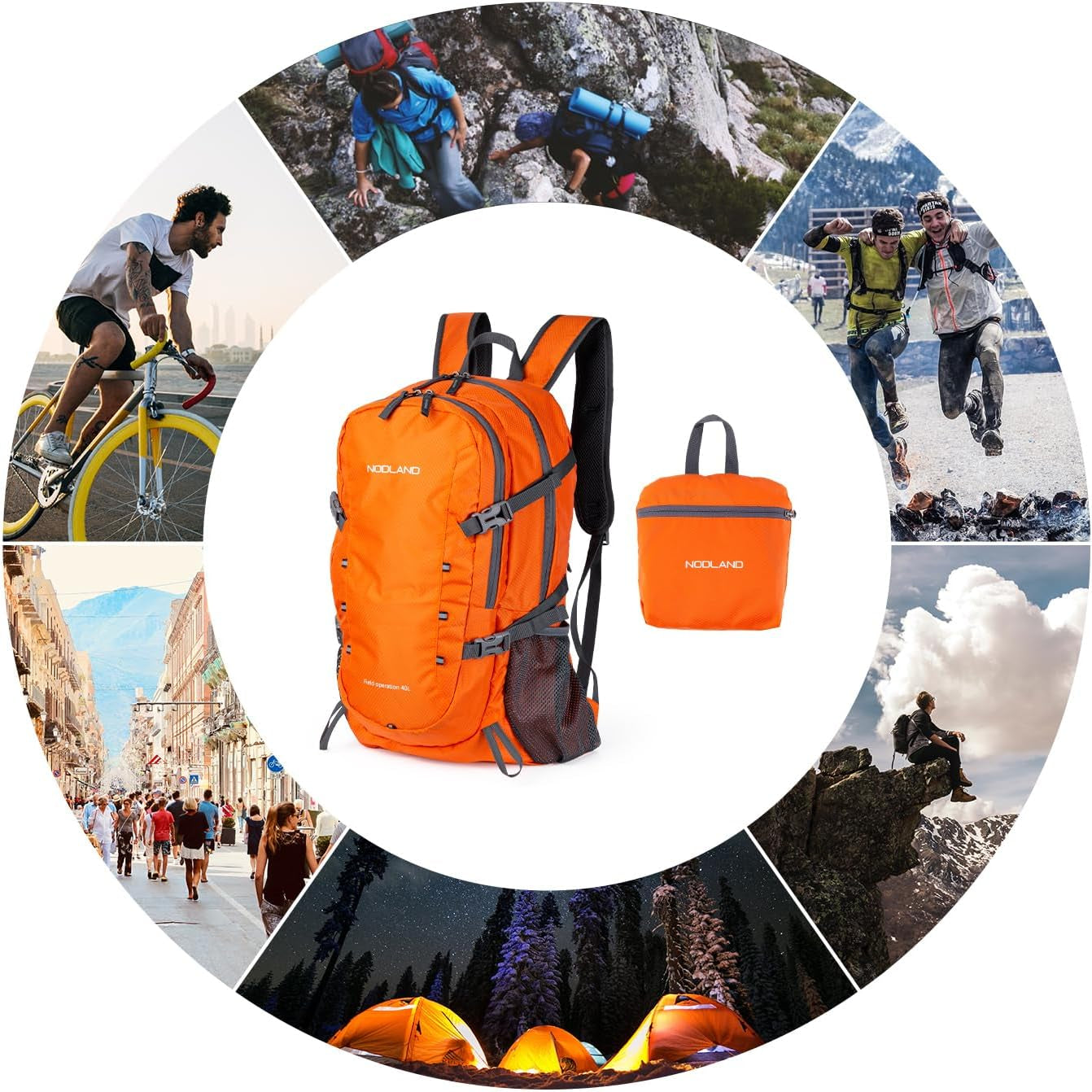 NODLAND Lightweight Backpack, Travel 40L Foldable Water-Resistant Daypack, Hiking Outdoor Camping Rucksack for Men Women