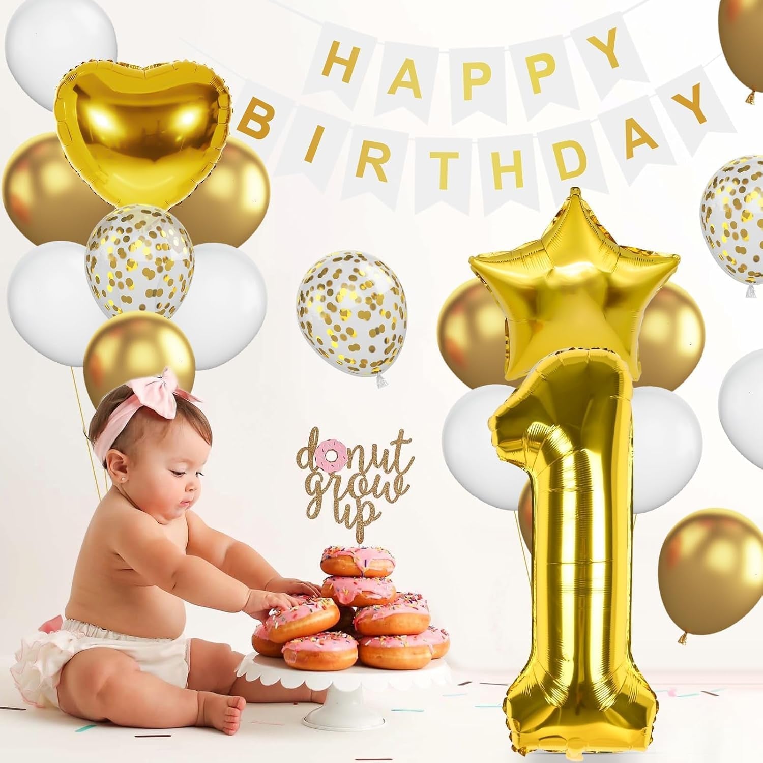 St Birthday Decoration for Boys, Gold White Confetti St Birthday Balloon with 40 Inch Number  Gold Balloon Star Heart Foil Balloons and Banner for Baby  Year Old Party Decor