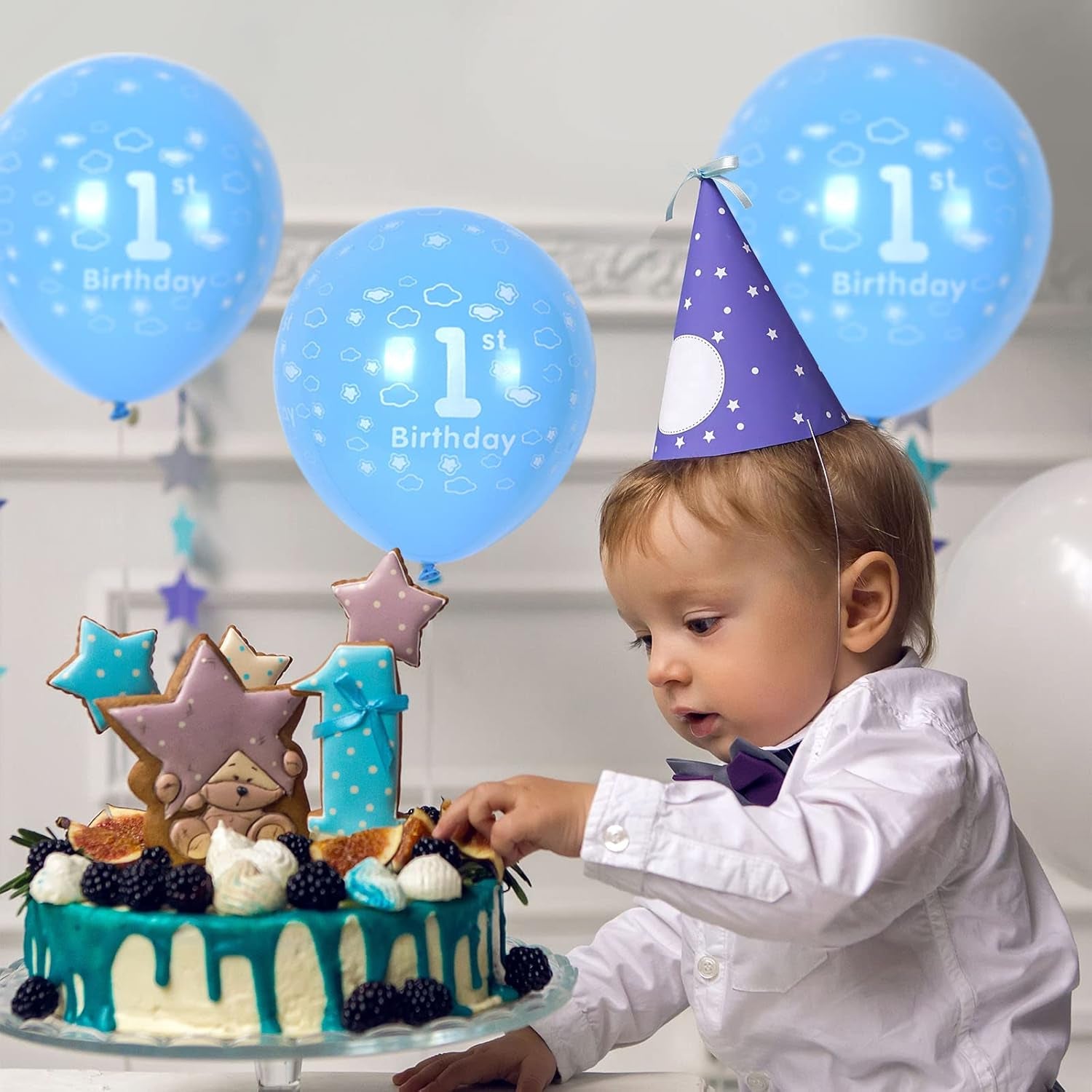1St Birthday Balloons First Birthday Decorations 12" Latex Blue Happy 1St Balloons for Baby Boy'S Party Prince Anniversary Decorations, Pack 10 with Balloon Spare & Ribbon