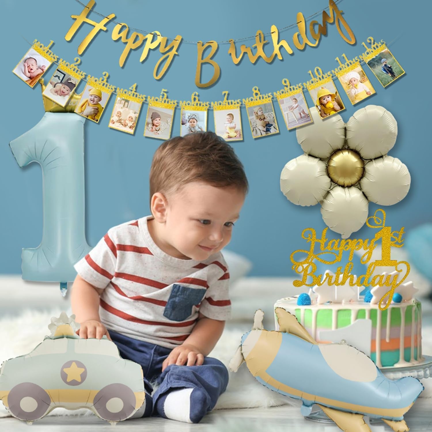 1St Birthday Decorations for Boys with Photo Banner, Blue and Gold Balloons, Number 1 Cake Topper, and Car Balloons
