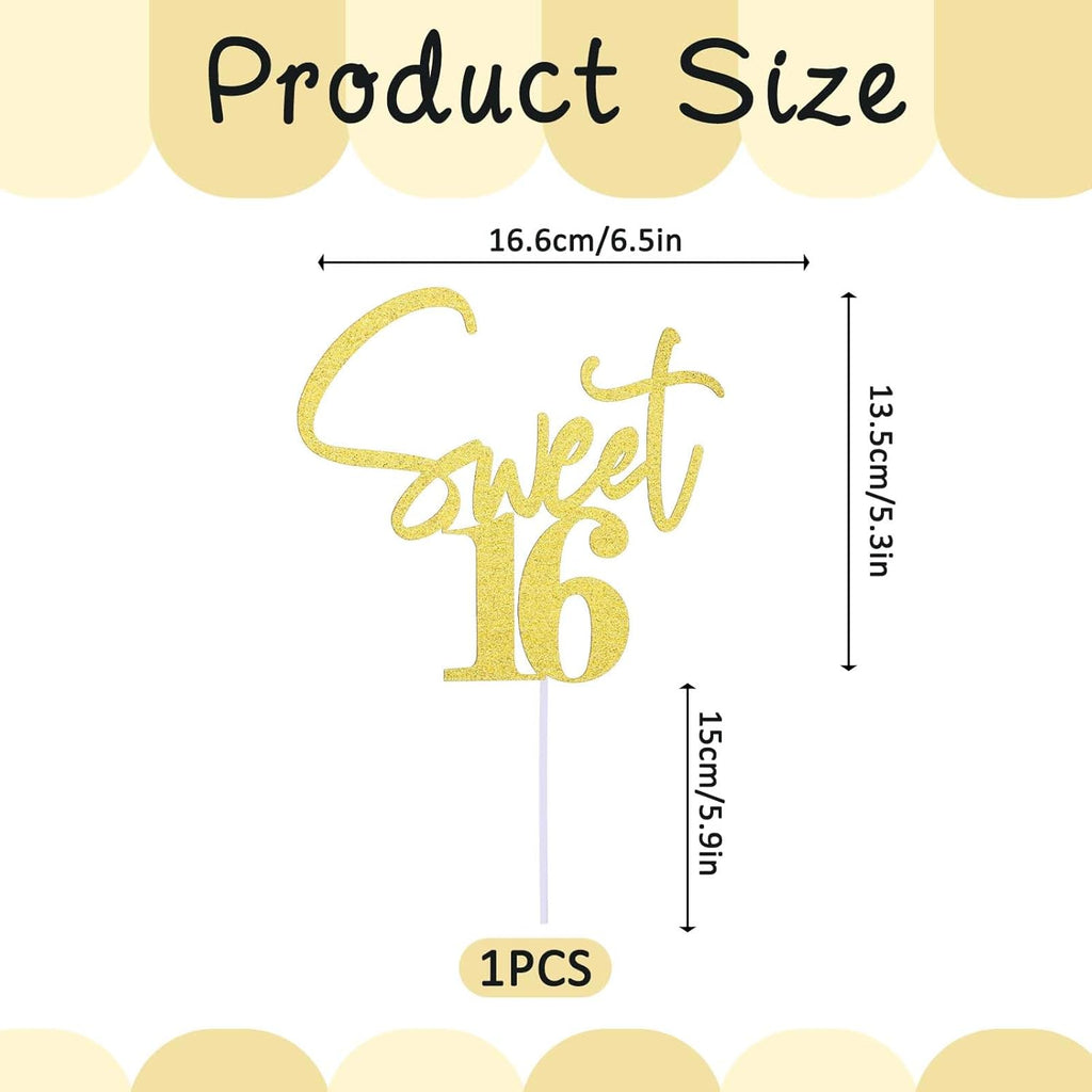 Sweet 16 Cake Topper Gold 16 Th Glitter Cake Topper 16Th Birthday Cake Topper Sweet Teenager Birthday Cake Pick, 16 Years Old Topper for Cake, Happy Sweet 16 Party Decoration Supplies