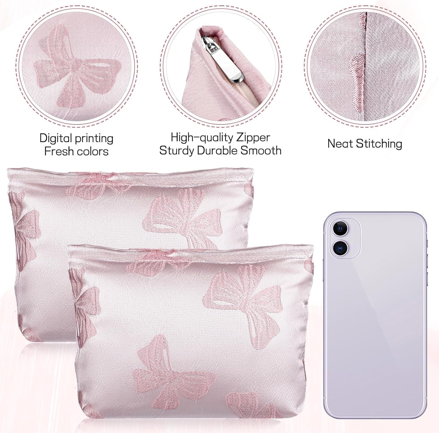 2Pcs Cute Bow Makeup Bag Large Capacity Pink Cosmetic Bag Aesthetic Design Canvas Organizer Portable Zipper Pouch Toiletry Bag for Women Girls Travel Storage Accessories