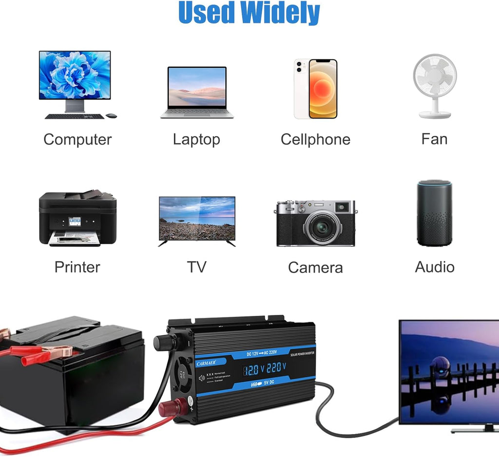 2200W Power Inverter, Power Inverter DC 12V to AC 240V, Car Inverter, with LCD Display, with USB Port, with Car Cigarette Lighter Adapter, Suitable for Cars/Outdoors/Travel/Home
