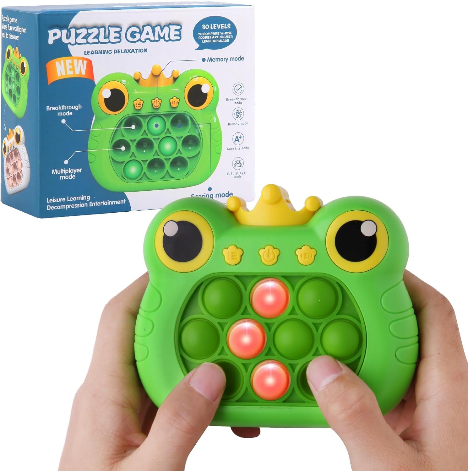 Pop Fidget Toys Handheld Light up Puzzle Game Machine & for Kids, Quick Push Games Educational Sensory Toys, Stress Relief Party Favors Toy Age 3-12 (Frog-G)