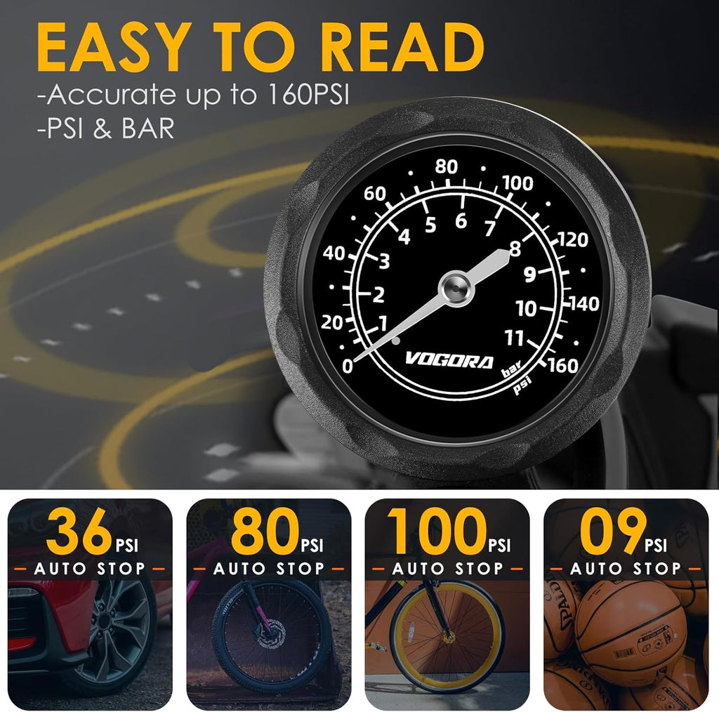 Bike Pump with Pressure Gauge, Bicycle Pump with Presta & Schrader Valves Bike Pump for All Bikes, Foot Pump for Car Tyres, Road Mountain Bikes & Balls