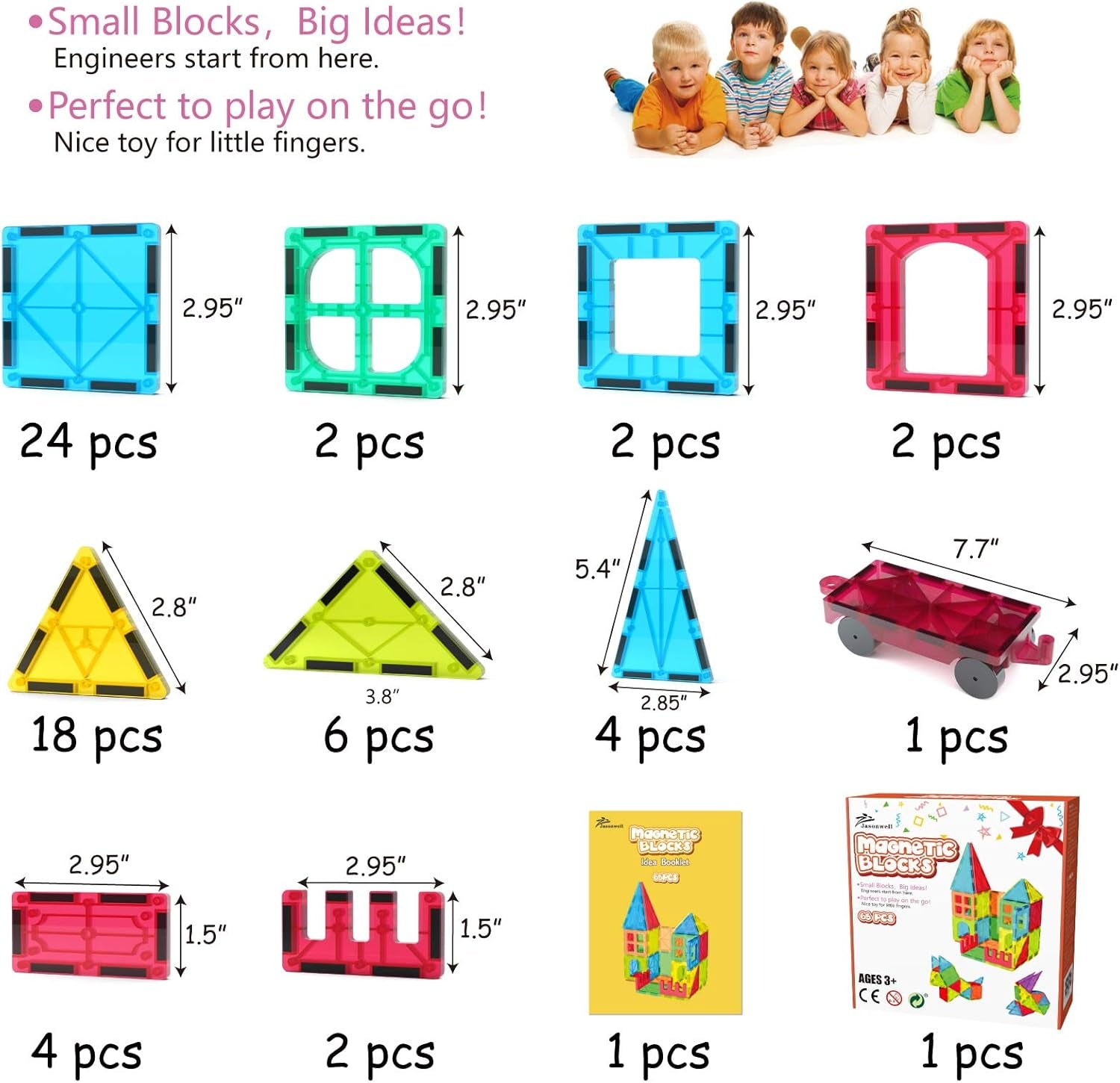 65Pcs Magnetic Tiles Building Blocks Set for Boys Girls Preschool Educational Magnet Construction Kit Stacking STEM Toys Christmas Birthday Gift for Kids Toddler 3 4 5 6 7 8 9 10 + Year Old