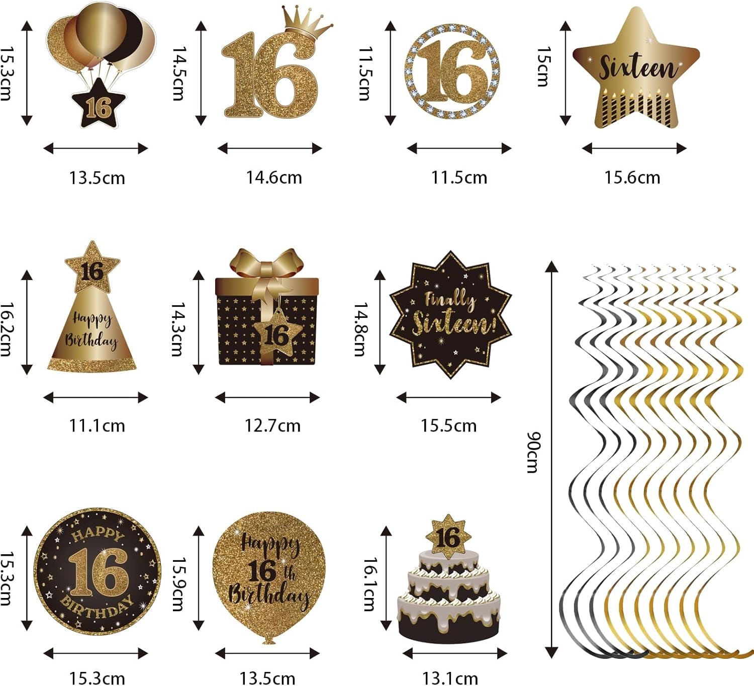 Happy 16Th Birthday Hanging Swirls Streams Ceiling Decorations, Celebration 16 Foil Hanging Swirls with Cutouts for Sweet 16 Years Old Black and Gold Birthday Party Decorations Supplies