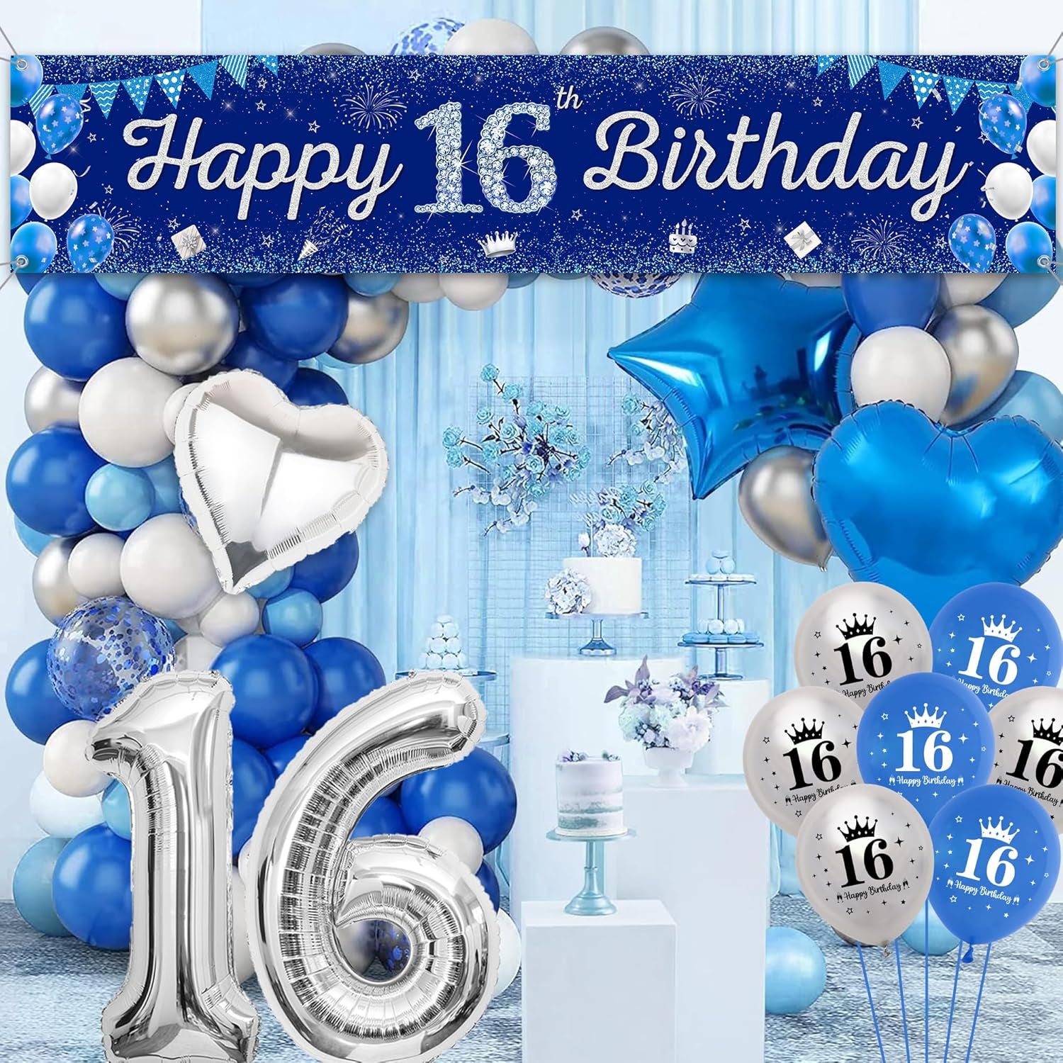 Boys 16Th Birthday Decorations Blue - 31 Pieces Blue Silver Party Decoration, Happy Birthday Banner, Number 16 Foil Balloons, Backdrop, Latex Balloon, Cake Topper for Kids Girl Anniversary Decor Gifts