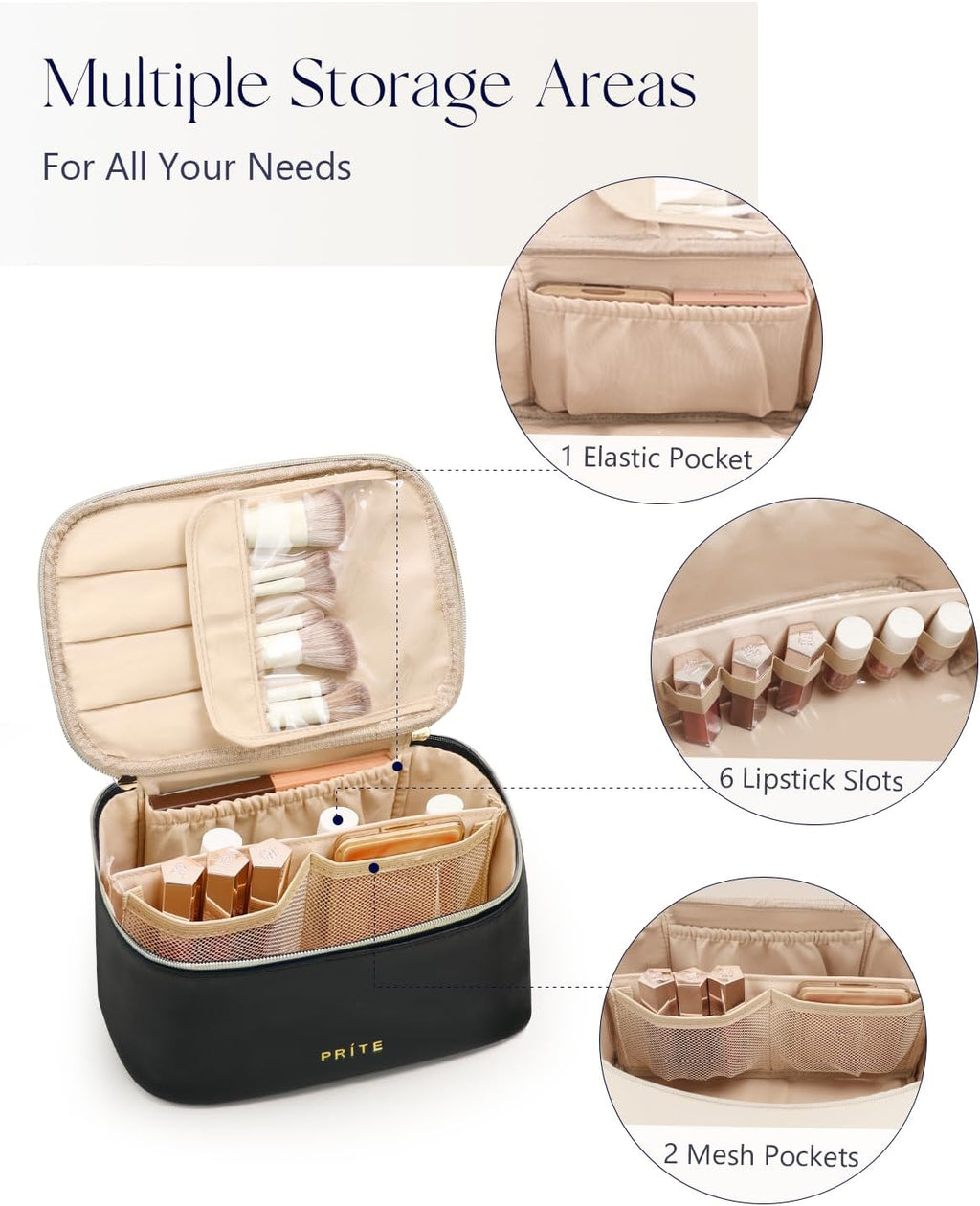 Large Makeup Bag for Women Travel Cosmetic Case Waterproof PU Leather Toiletry Bag Portable Make up Organiser with Handle and Removable Divider (Black)