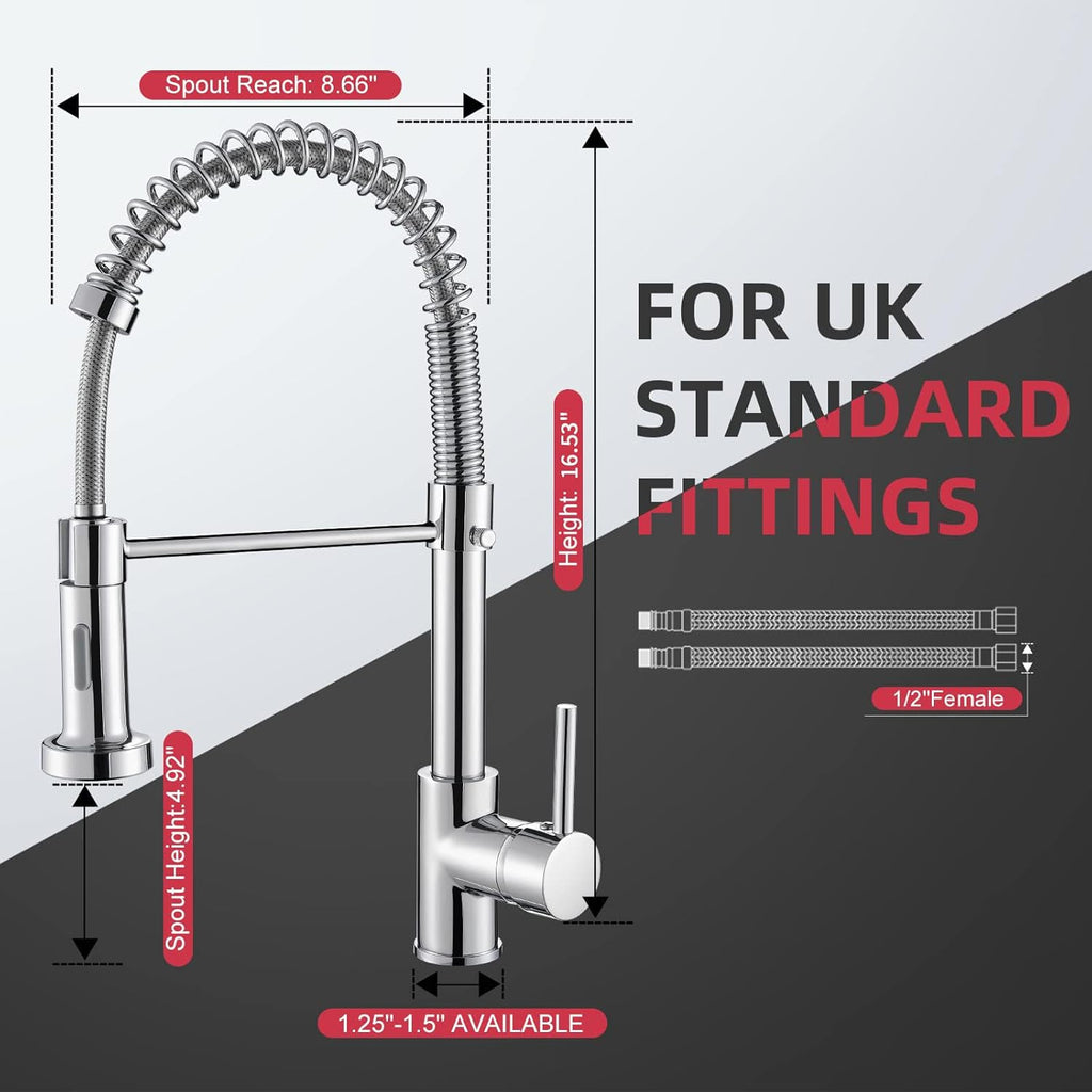 Kitchen Sink Mixer Tap, Spring Faucet with Pull down Sprayer, 2 Spray Modes High Arc Single Handle Lever Kitchen Tap (Chrome)