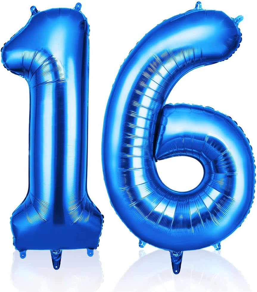 40-Inch Number 16 Helium Balloons, Foil Large Numbers for Birthday, Wedding Party Decorations Celebration Supplies (Blue)