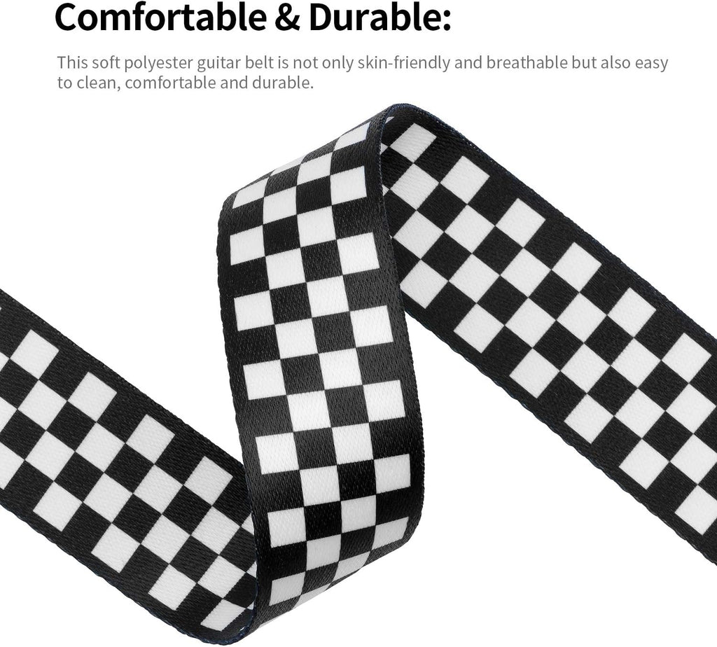 Checkerboard Guitar Strap & Leather Ends Guitar Shoulder Strap, Suitable for Bass, Electric & Acoustic Guitars (Black and White Checkered)