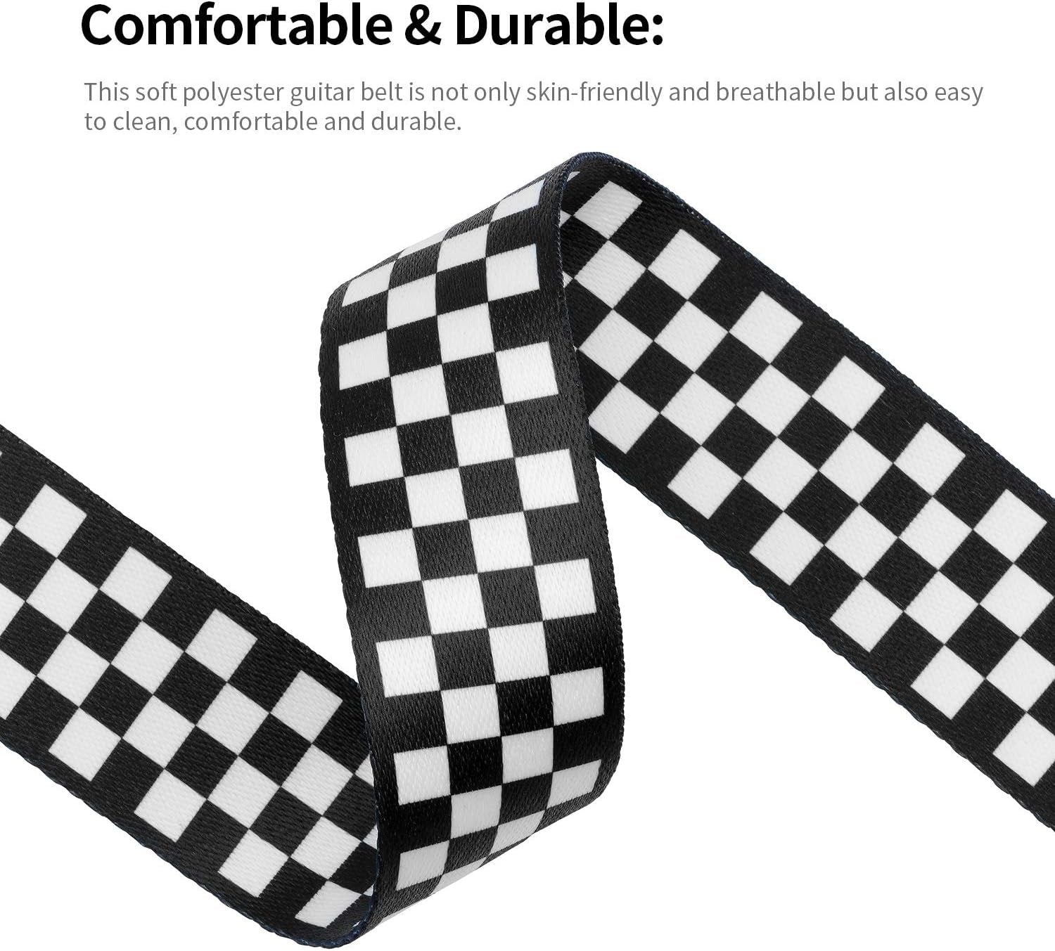 Checkerboard Guitar Strap & Leather Ends Guitar Shoulder Strap, Suitable for Bass, Electric & Acoustic Guitars (Black and White Checkered)