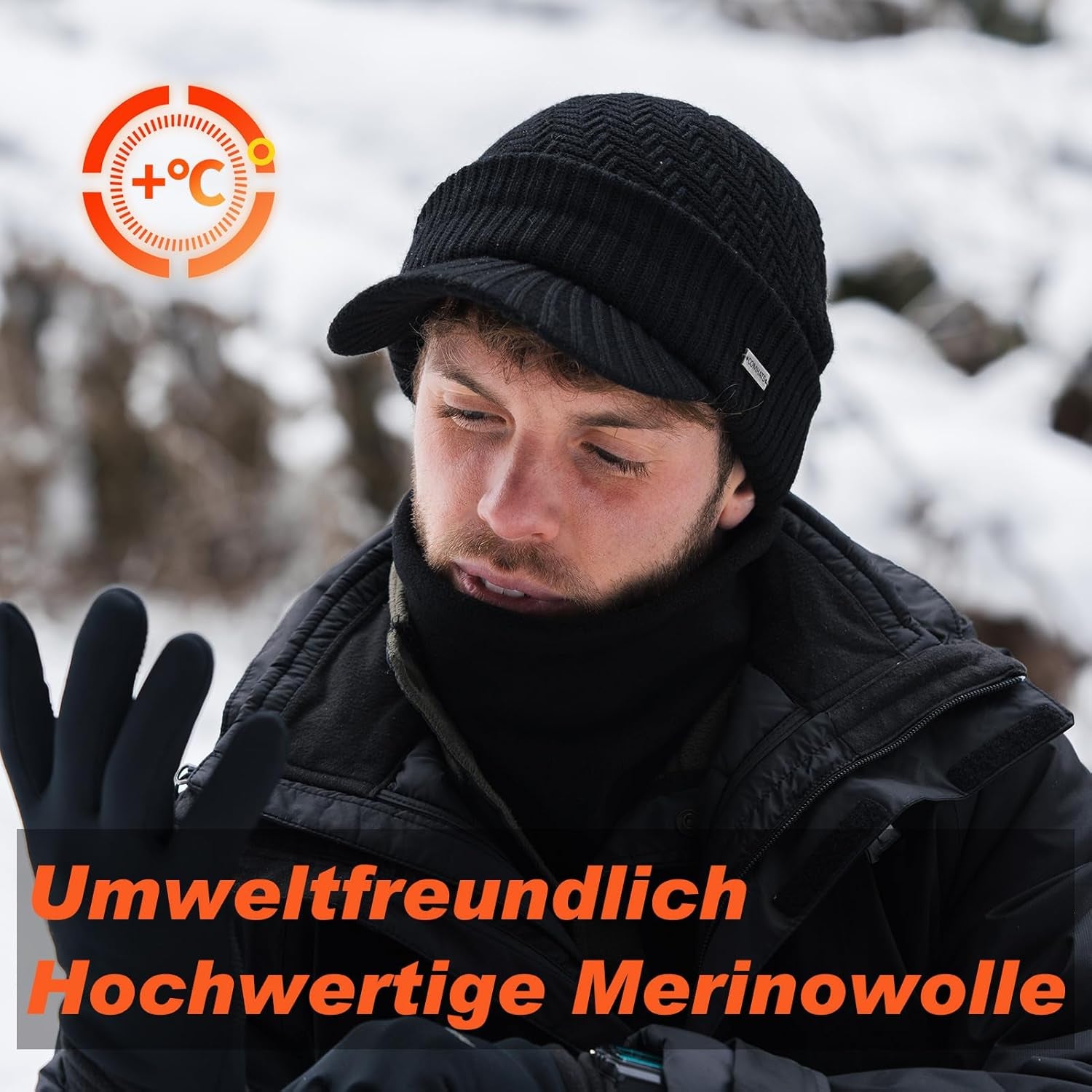 Men'S Winter Wool Peaked Beanie Hat and Ski Snood Set, Wool Visor Beanie Hat with Fleece Neck Warmer Set - Stay Warm and Stylish