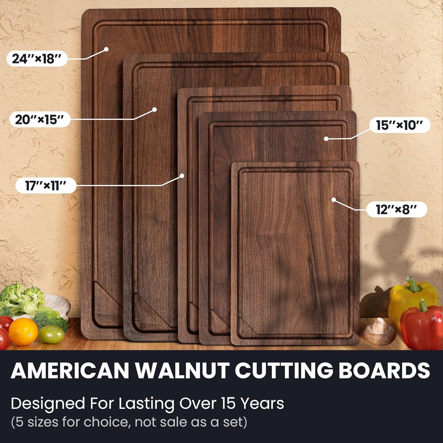 American Black Walnut Cutting Board for Kitchen (17”X11”X0.8”) Pre-Oiled Wooden Chopping Board Walnut End Grain with Juice Groove & Handlers, Reversible Butcher Block