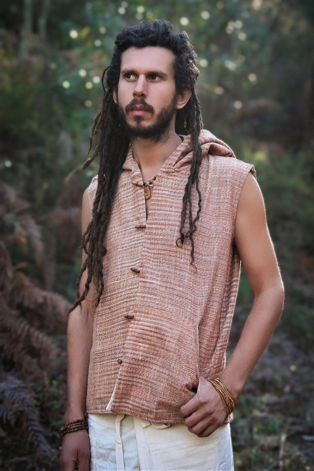 Men'S Khadi Cotton Hooded Vest: Earthy Boho Waistcoat