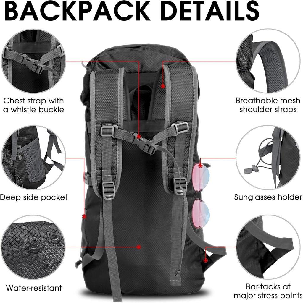Portable Hiking Backpack,Lightweight Packable Hiking Daypack,Water Resistant Carry on Backpack for Travel Camping Outdoor (32L, Black)