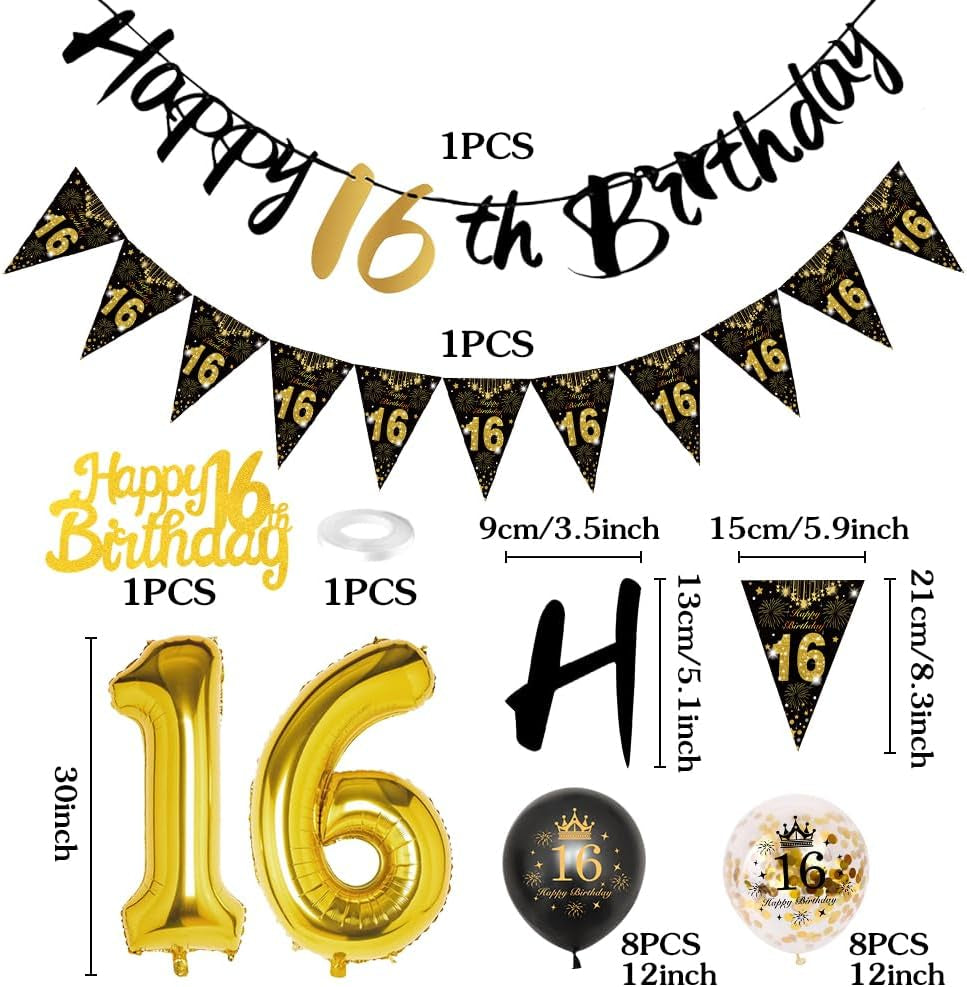 16Th Birthday Decoration, 16 Party Decoration Black Gold Balloons Birthday, 16Th Boy Girl Happy Birthday Banner Triangle 16 Balloon Decoration for Woman Birthday Party Cake Topper