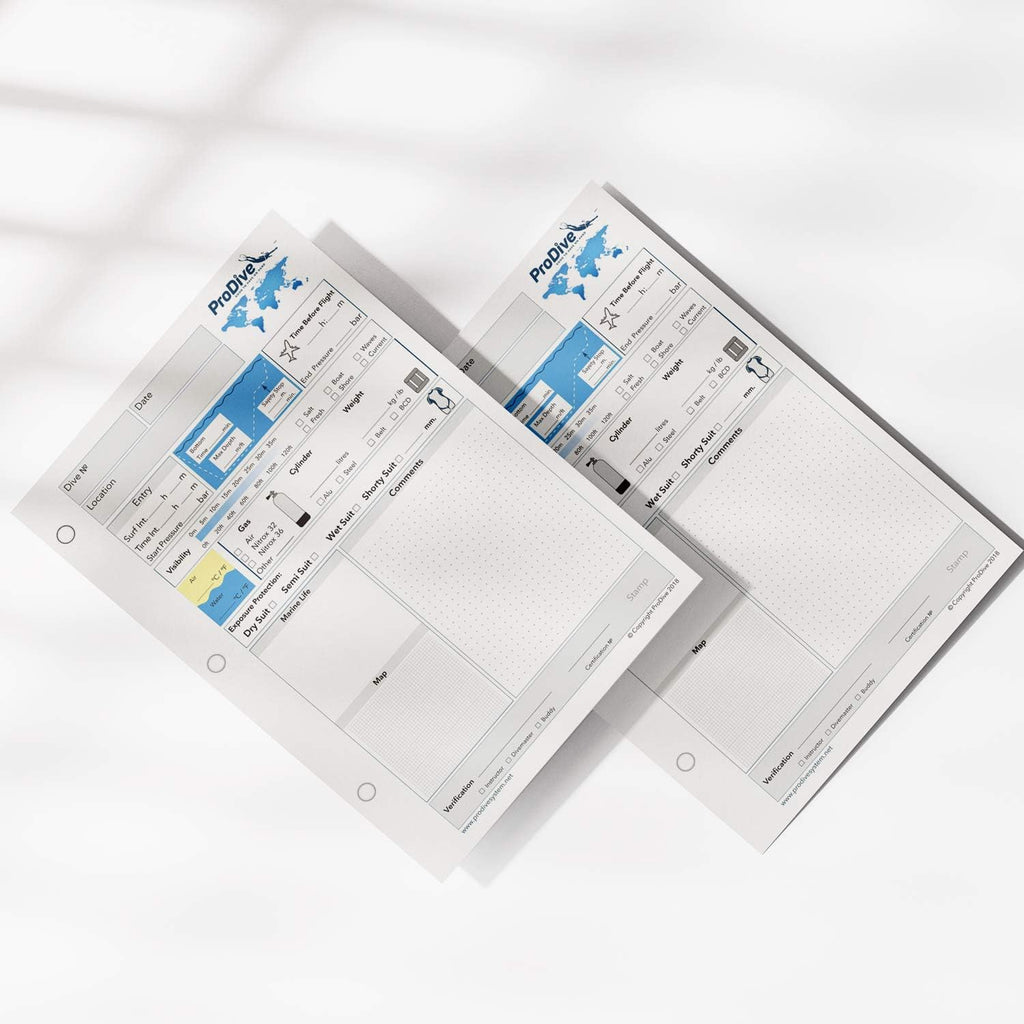 Scuba Diving Log Book Refill Pages for 50 Dives 3 Hole PADI Standard