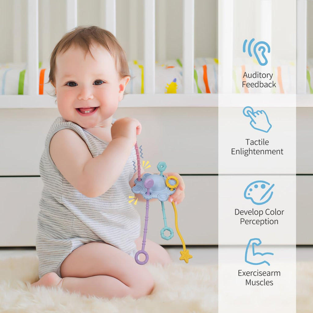 Montesorri-Toys - Pull String Toys for Baby - Made of 100% Food Grade Silicone with Built-In Rattle Function and Easy to Clean Design (Blue)