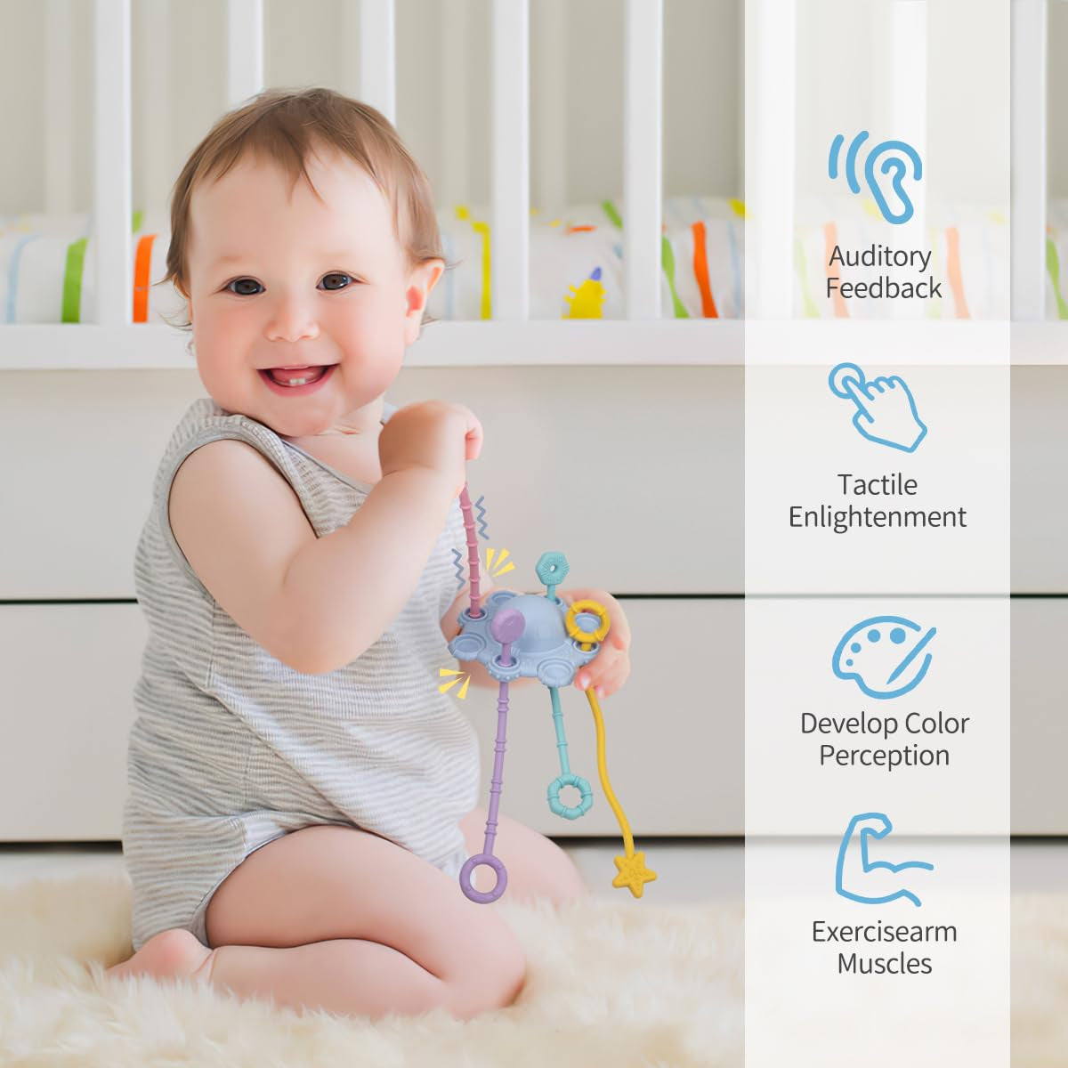 Montesorri-Toys - Pull String Toys for Baby - Made of 100% Food Grade Silicone with Built-In Rattle Function and Easy to Clean Design (Blue)