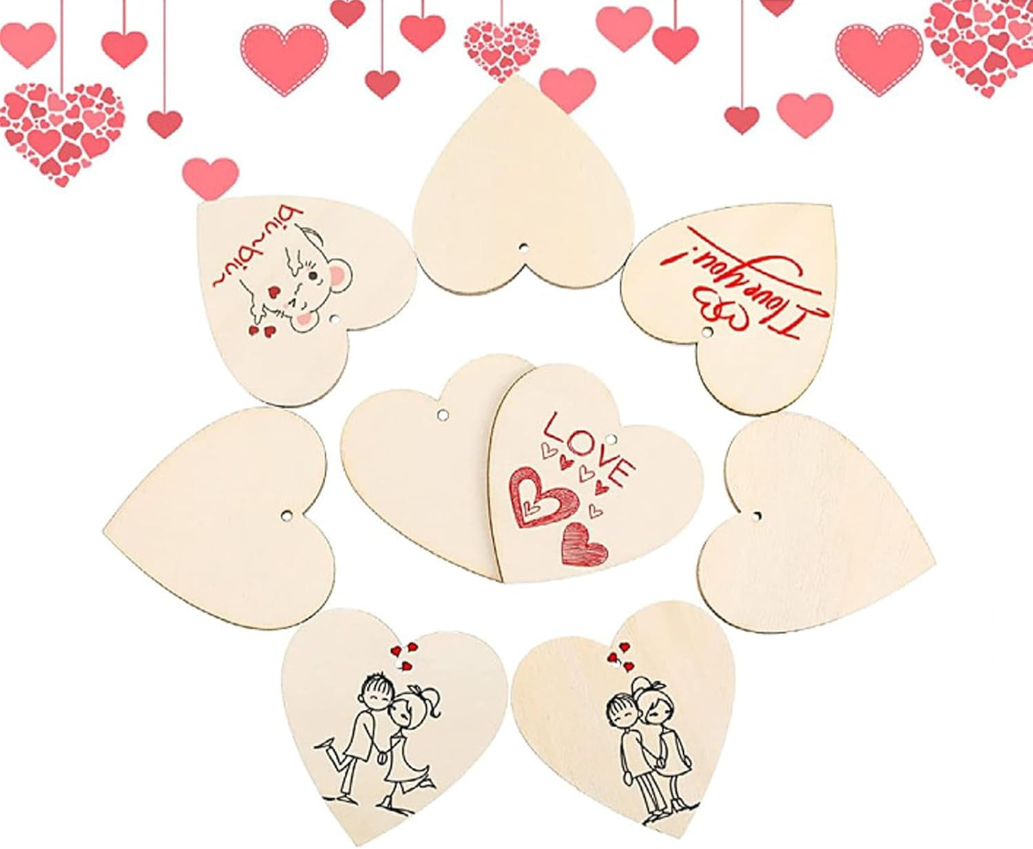 46Pcs Unfinished Blank Wood Slices - Pyrography Wood Blanks, 7Sizes Natural Wooden Pieces round Square Hearts with Predrilled Hole &5M Twine, Woodcraft Circles for Craft, DIY, Decor Painting, Coasters