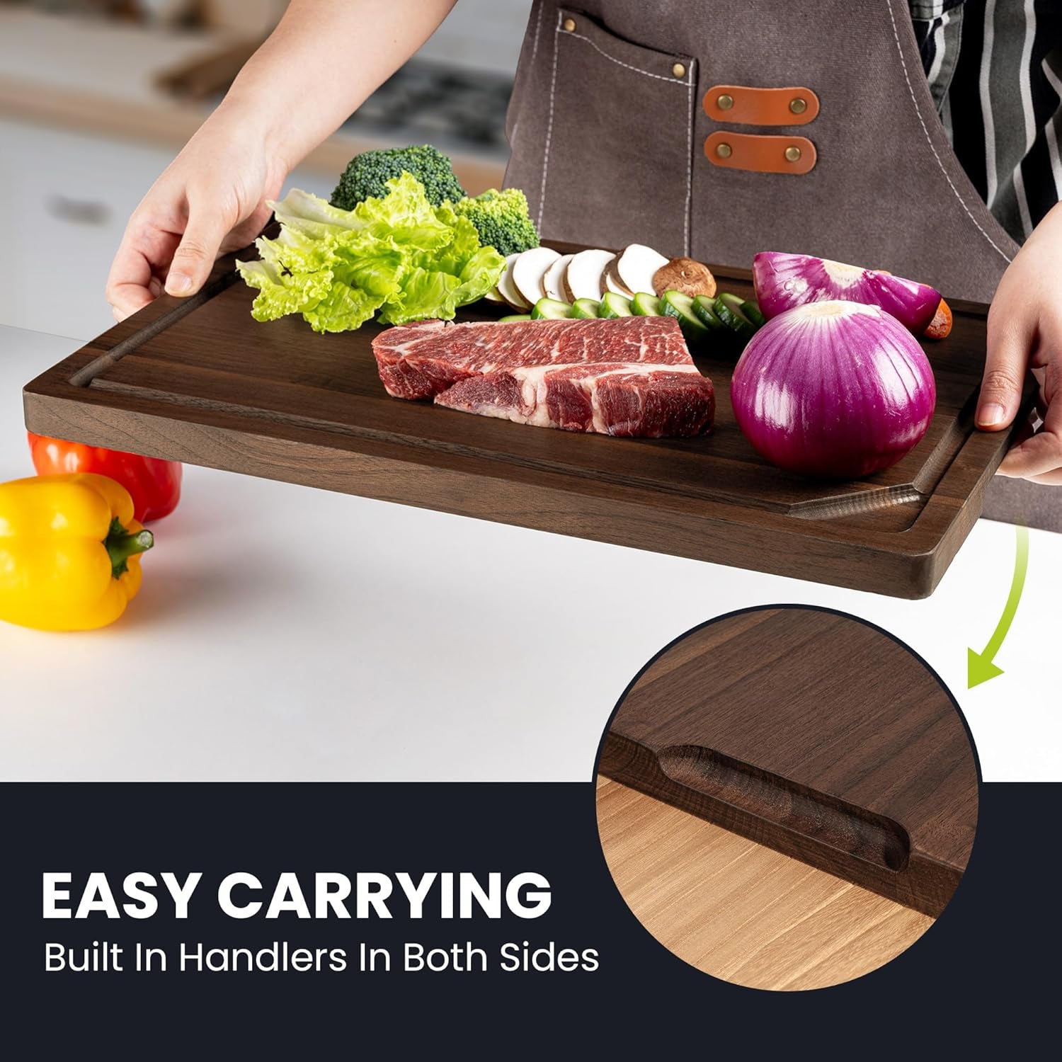 American Black Walnut Cutting Board for Kitchen (17”X11”X0.8”) Pre-Oiled Wooden Chopping Board Walnut End Grain with Juice Groove & Handlers, Reversible Butcher Block