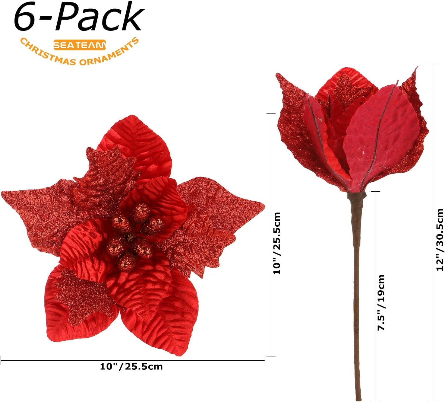 6-Pack Artificial Glitter Poinsettia Christmas Flower Ornaments Tree Decorations, 10-Inch, Red