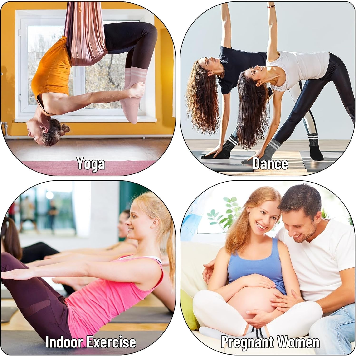 4 Pairs Yoga Grip Socks Women, Non Slip Pilates Socks Grippy Socks Ladies Mid-Calf Grip Socks Breathable Cotton Socks for Ballet, Dance, Workout, Fitness, Running