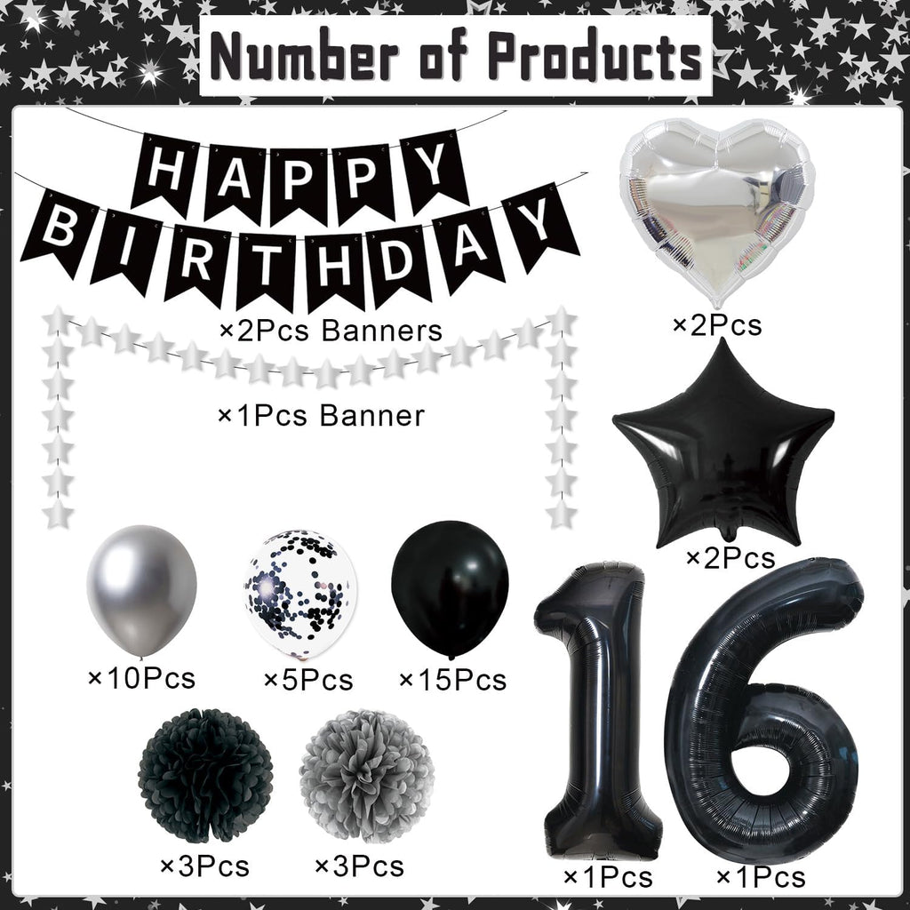 16Th Birthday Decorations Boys Girls - 45PCS Black Silver 16Th Bday Balloons Decorations Set Happy Birthday Banner and Foil Star Balloons Supplies